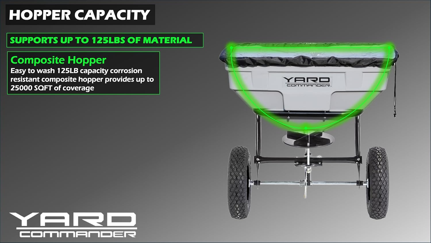 Yard Commander - 125 LB Tow Behind Lawn & Garden Broadcast Spreader - Seed, Fertilizer, Salt, Ice Melt - Premium Aluminum Cast Gears