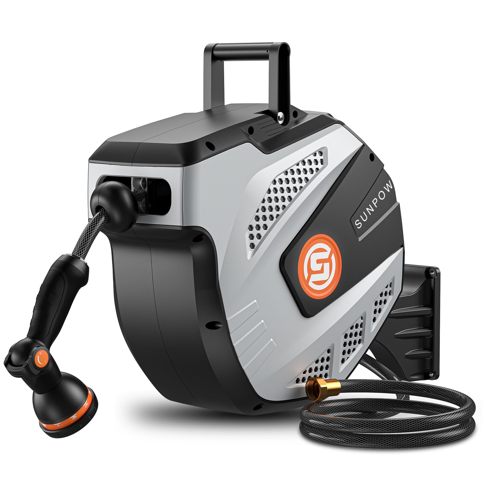 SUNPOW Retractable Garden Hose Reel, 1/2 inch x 50ft Wall Mounted Hose Reel with 3/4 inch Brass Fitting - Grey