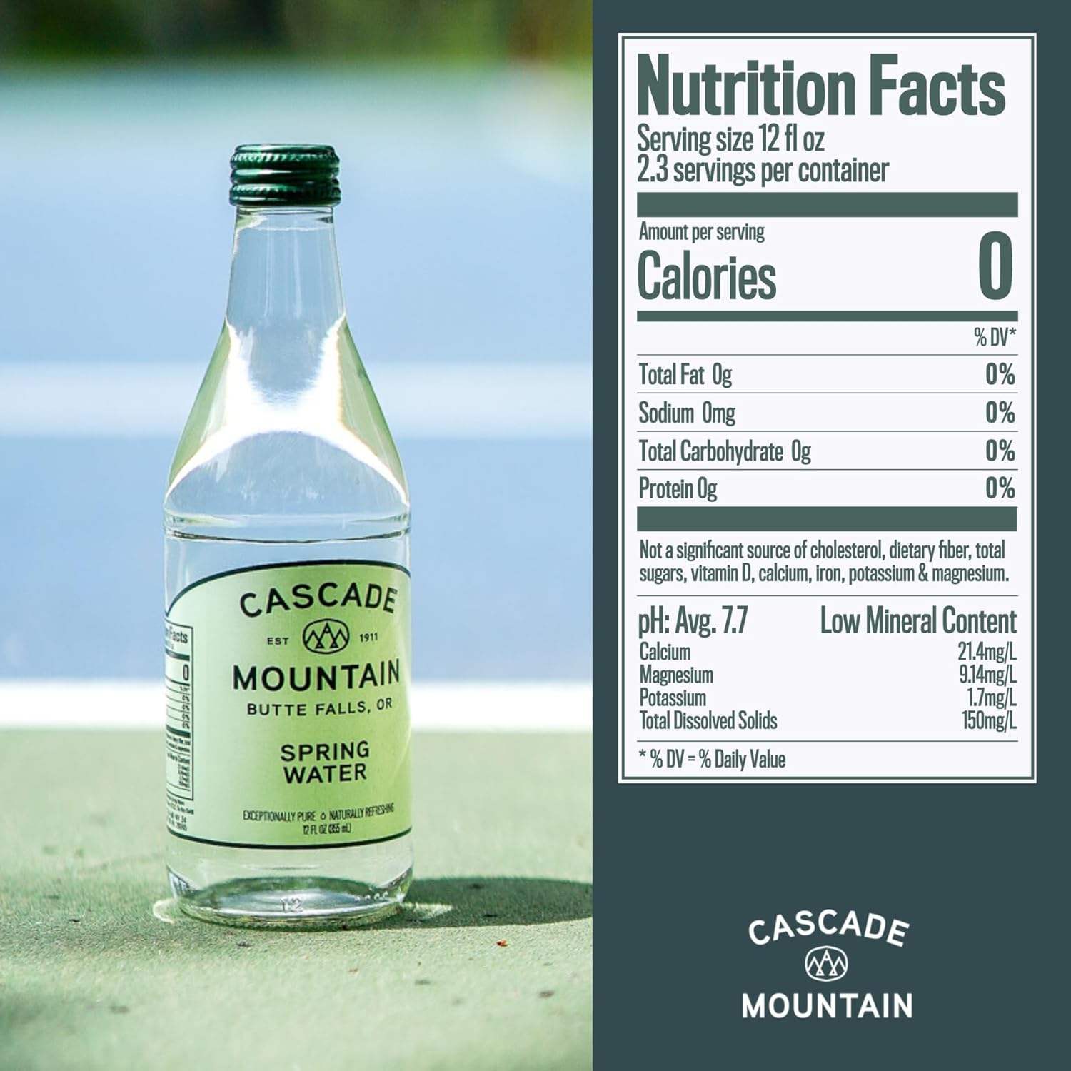 Cascade Mountain Spring Water in Glass Bottles, 12oz (12 Pack), 7.7 pH Balanced, Purified, Natural Spring Bottled Drinking Mineral Water