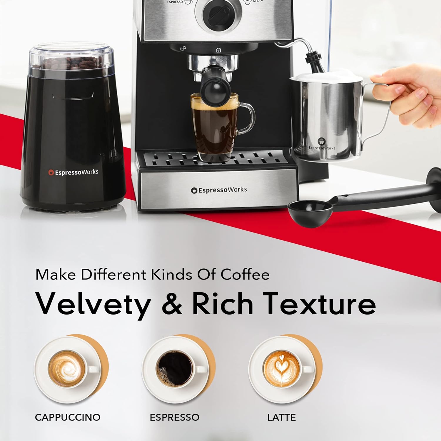 EspressoWorks All-In-One Espresso Machine with Milk Frother 7 Piece Set - Latte Maker Includes Grinder - Coffee Gifts (Stainless Steel)