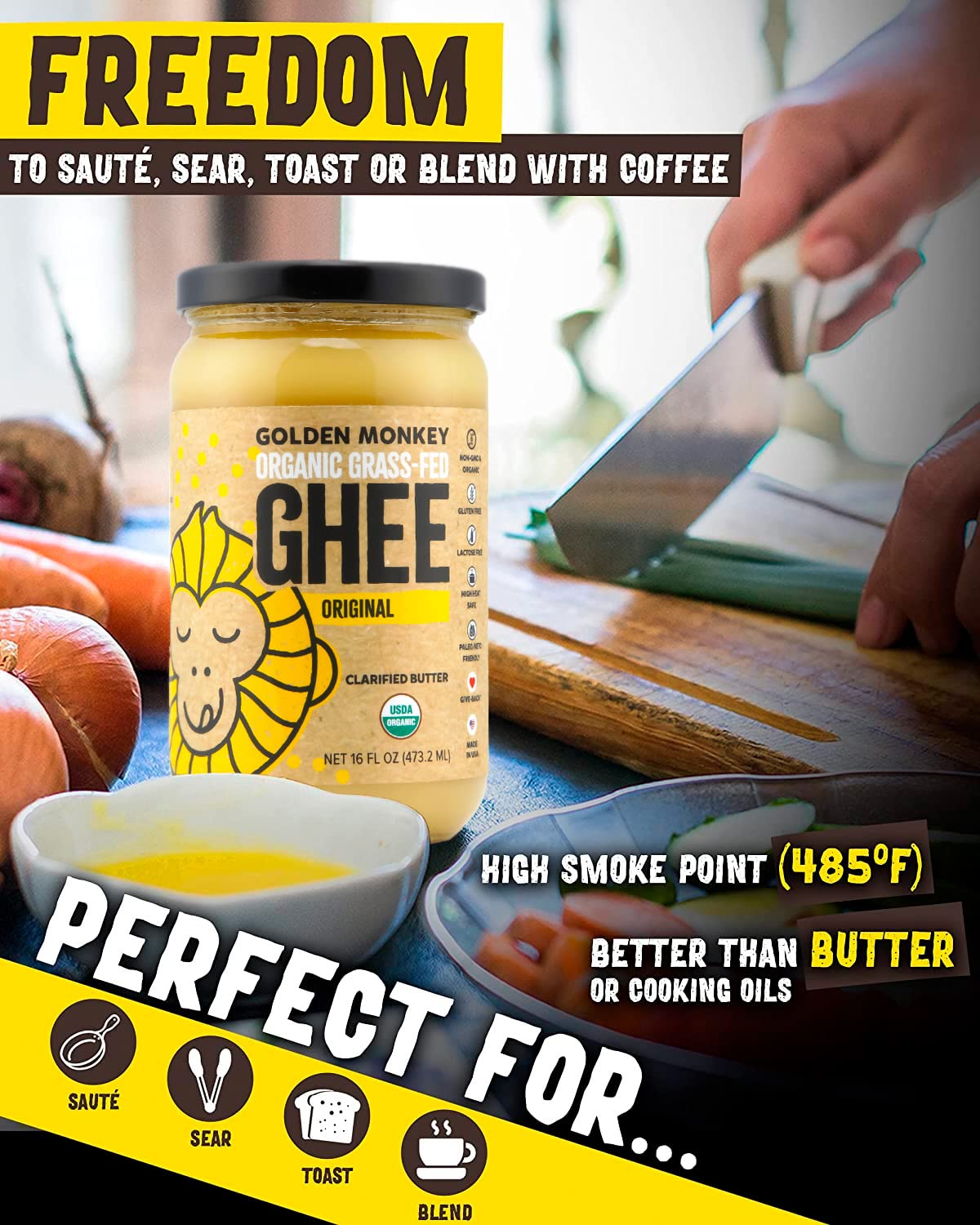 Organic Ghee Butter Grass Fed Clarified – 16 Oz Ghee Butter – Unsalted Butter Certified Organic Ghee Oil