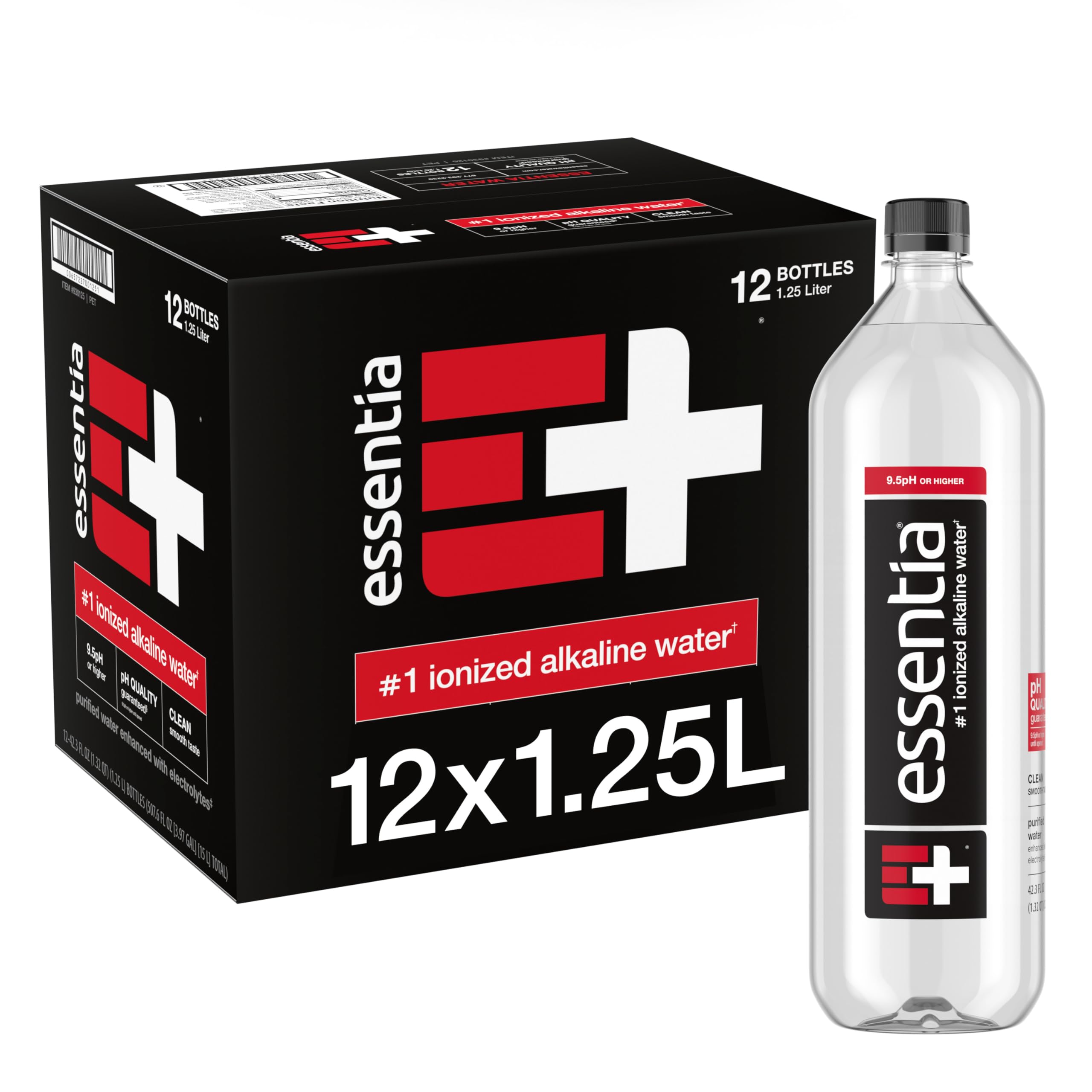 Essentia Water LLC Infused with Electrolytes for a Smooth Taste, pH 9.5 or Higher; Ionized Alkaline Water, Black, 42.3 Fl Oz (Pack of 12)