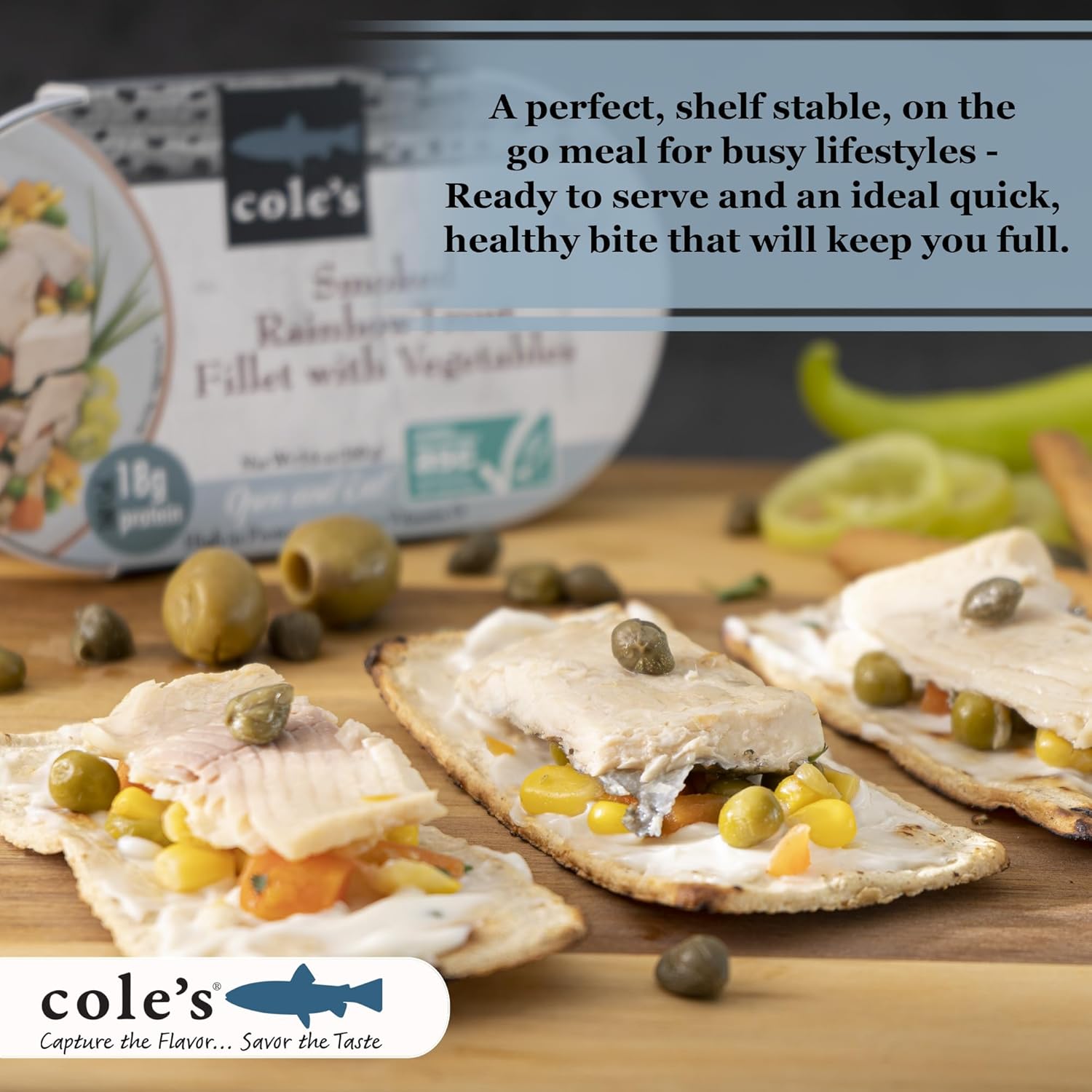 COLE’S - Smoked Rainbow Trout Fillet with Vegetables, Ready to Eat Meal, 5.6 oz Hand-Packed Canned Fish, 6 pack