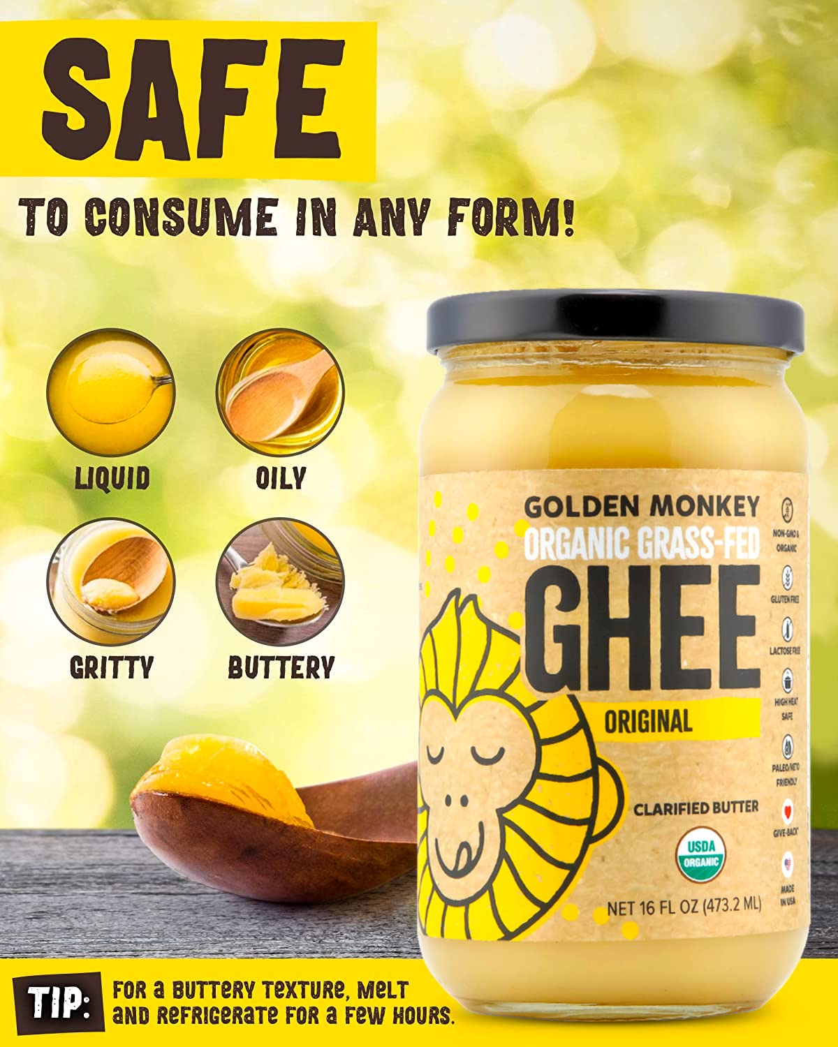 Organic Ghee Butter Grass Fed Clarified – 16 Oz Ghee Butter – Unsalted Butter Certified Organic Ghee Oil