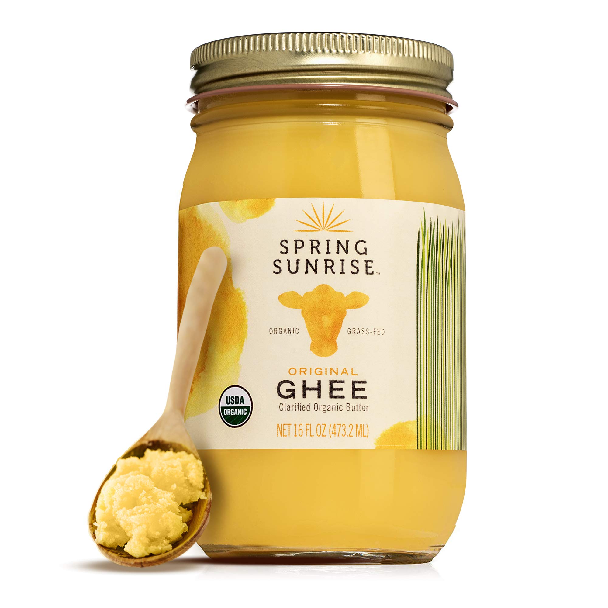 Spring Sunrise Organic Grass Fed Ghee Butter - USDA Certified Organic Clarified Butter - Sustainably Sourced (16oz Jar)