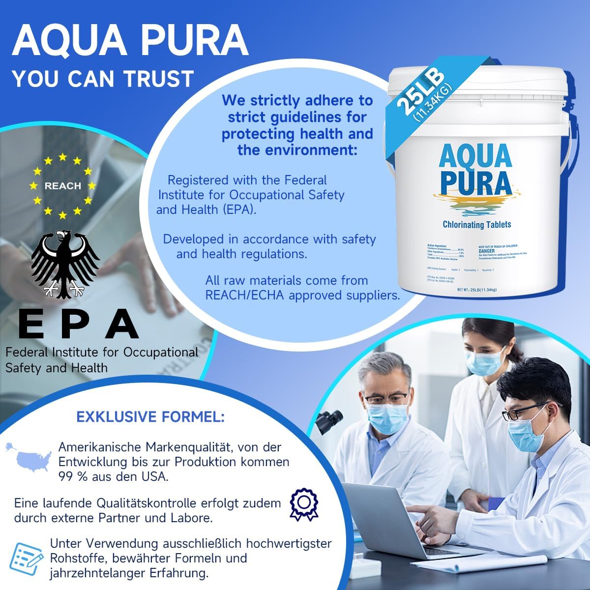 Aqua Pura Chlorine Tablets for Swimming Pool,3" Pool Supplies, Individually Wrapped Stabilized Chlorine Tablets, Long-Lasting, 25 LB
