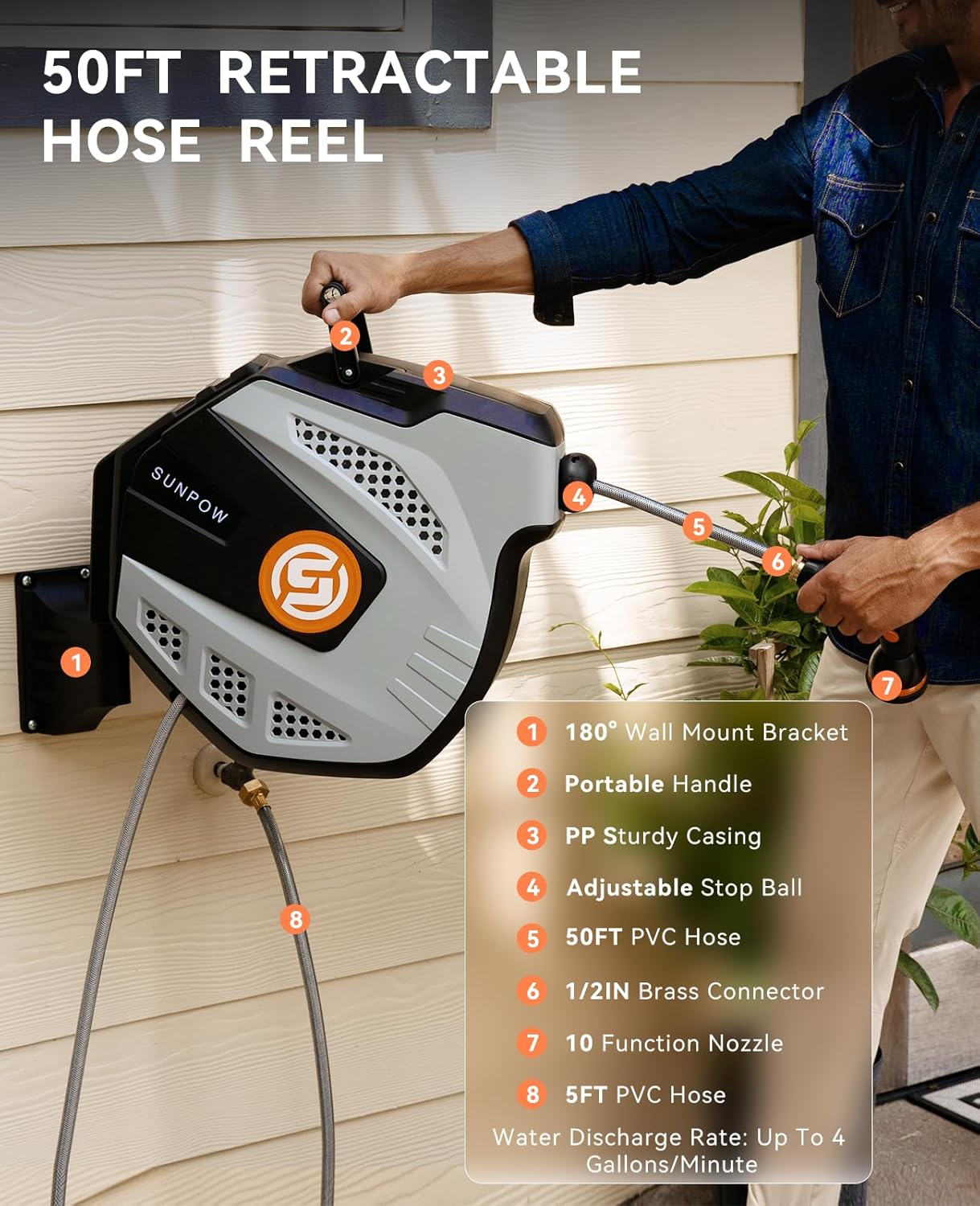 SUNPOW Retractable Garden Hose Reel, 1/2 inch x 50ft Wall Mounted Hose Reel with 3/4 inch Brass Fitting - Grey