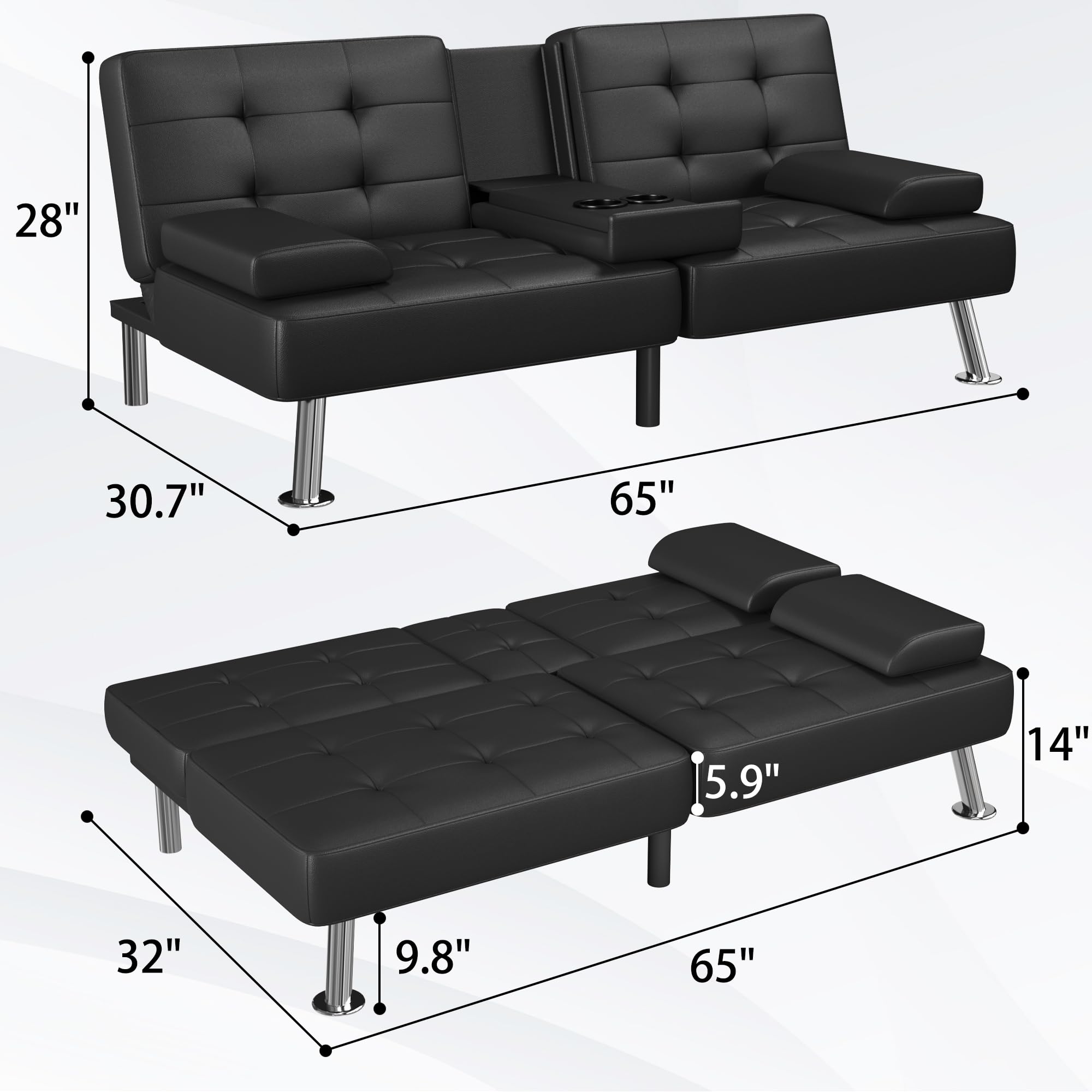 Flamaker Futon Sofa Bed Modern Folding Futon Set Convertible Recliner Lounge (PU Leather, Black)