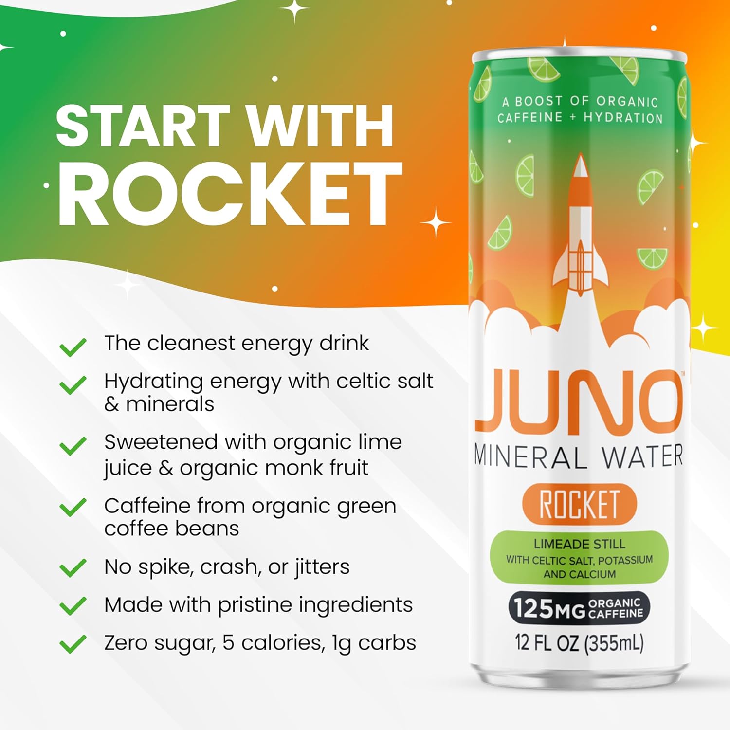 JUNO Rocket Limeade Still Energy Drink - 125mg Organic Caffeine from Green Coffee Beans, 12 Pack Refreshing Beverage