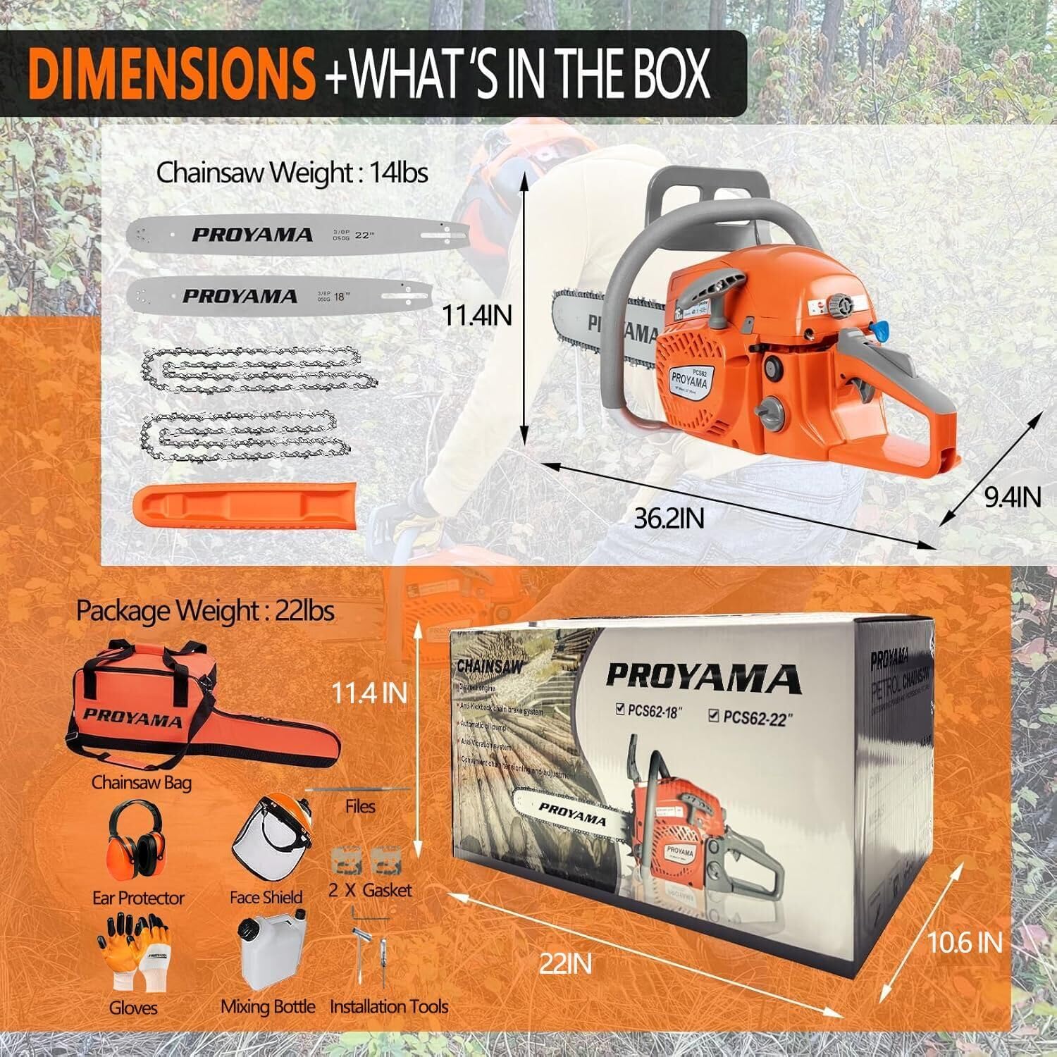 PROYAMA 62CC 2-Cycle Gas Powered Chainsaw, 22 Inch 18 Inch Handheld Cordless Petrol Chain Saw for Tree Wood Cutting