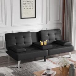 Flamaker Futon Sofa Bed Modern Folding Futon Set Convertible Recliner Lounge (PU Leather, Black)