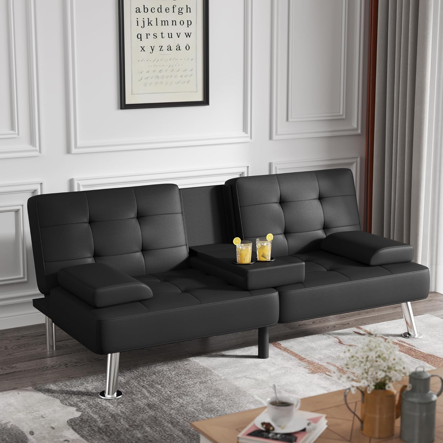 Flamaker Futon Sofa Bed Modern Folding Futon Set Convertible Recliner Lounge (PU Leather, Black)