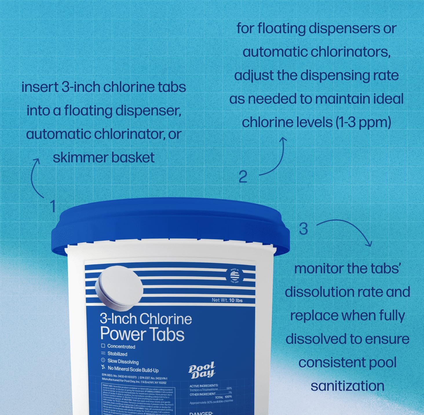 Pool Day 50lb Three-Inch Chlorine Power Tabs - 99% Trichlor, UV-Protected, Slow-Dissolving Formula for Crystal Clear Safe Water