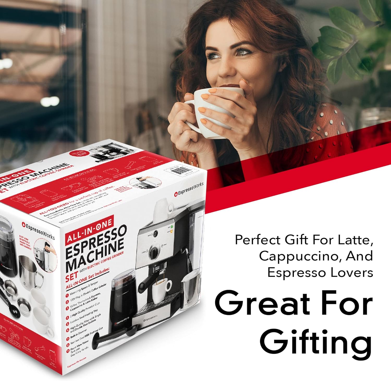 EspressoWorks All-In-One Espresso Machine with Milk Frother 7 Piece Set - Latte Maker Includes Grinder - Coffee Gifts (Stainless Steel)