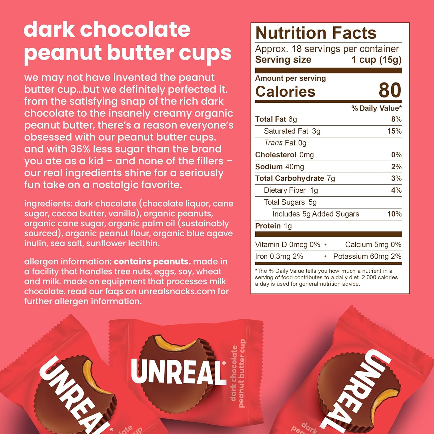 UNREAL Dark Chocolate Peanut Butter Cups (40 Individually Wrapped Cups), Vegan, 5g Sugar, Gluten Free, Fair Trade, Non-GMO, .53oz each