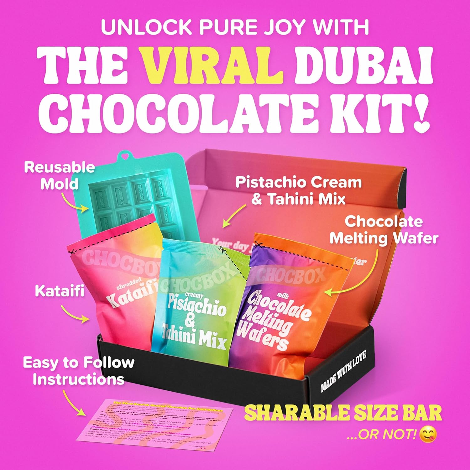 Chocbox Viral Dubai Chocolate Bar Pistachio Kit - Includes Chocolate Mold, Choc Wafers, Shredded Kataifi, Pistachio Cream