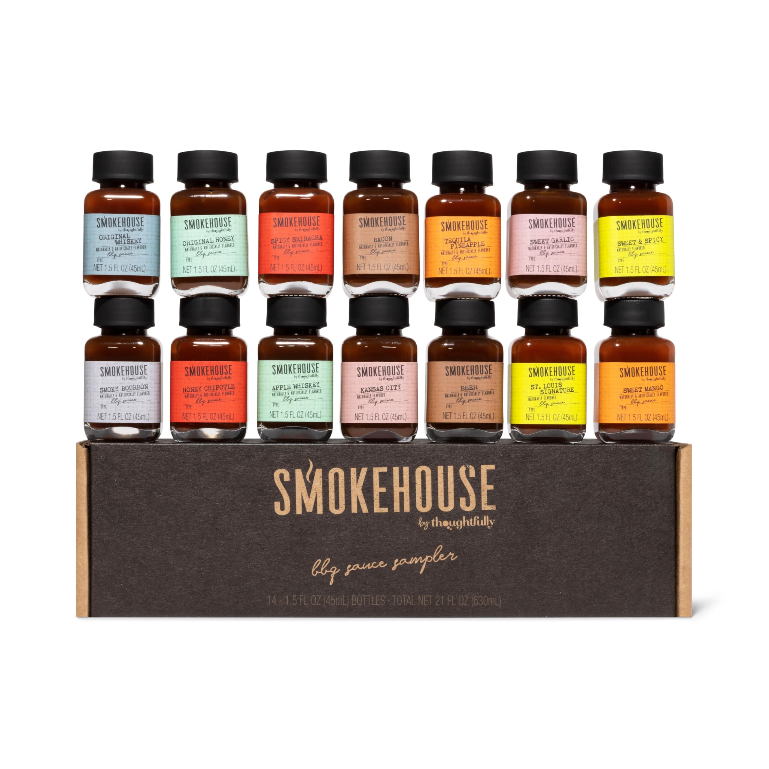 Thoughtfully Smokehouse, Gourmet BBQ Sauce Sampler Variety Pack in Glass Bottles, Vegan and Vegetarian, Pack of 14