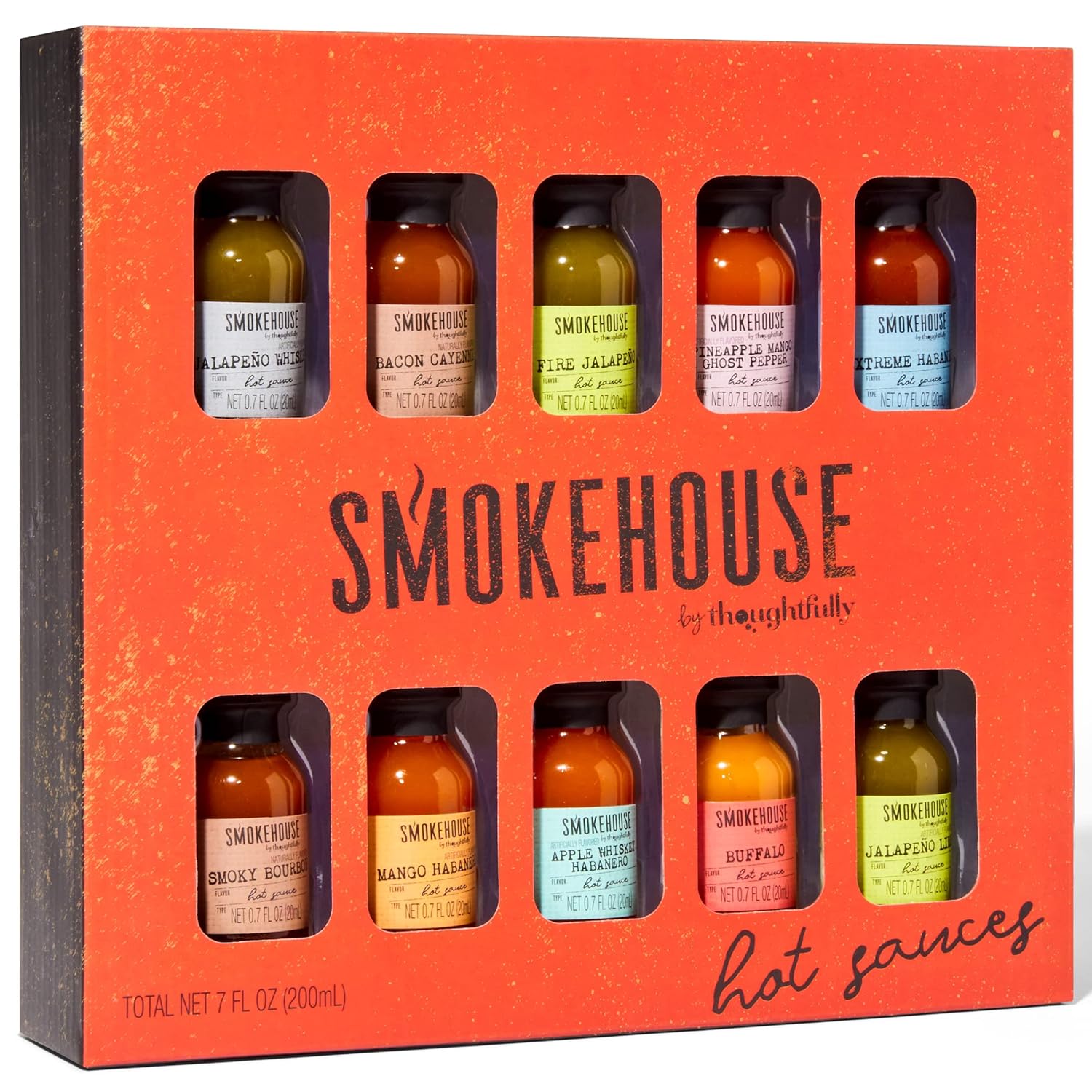 Smokehouse by Thoughtfully, Gourmet Hot Sauce Gift Set, Flavors Include Mango Habanero, Buffalo, Bacon Cayenne, Set of 10