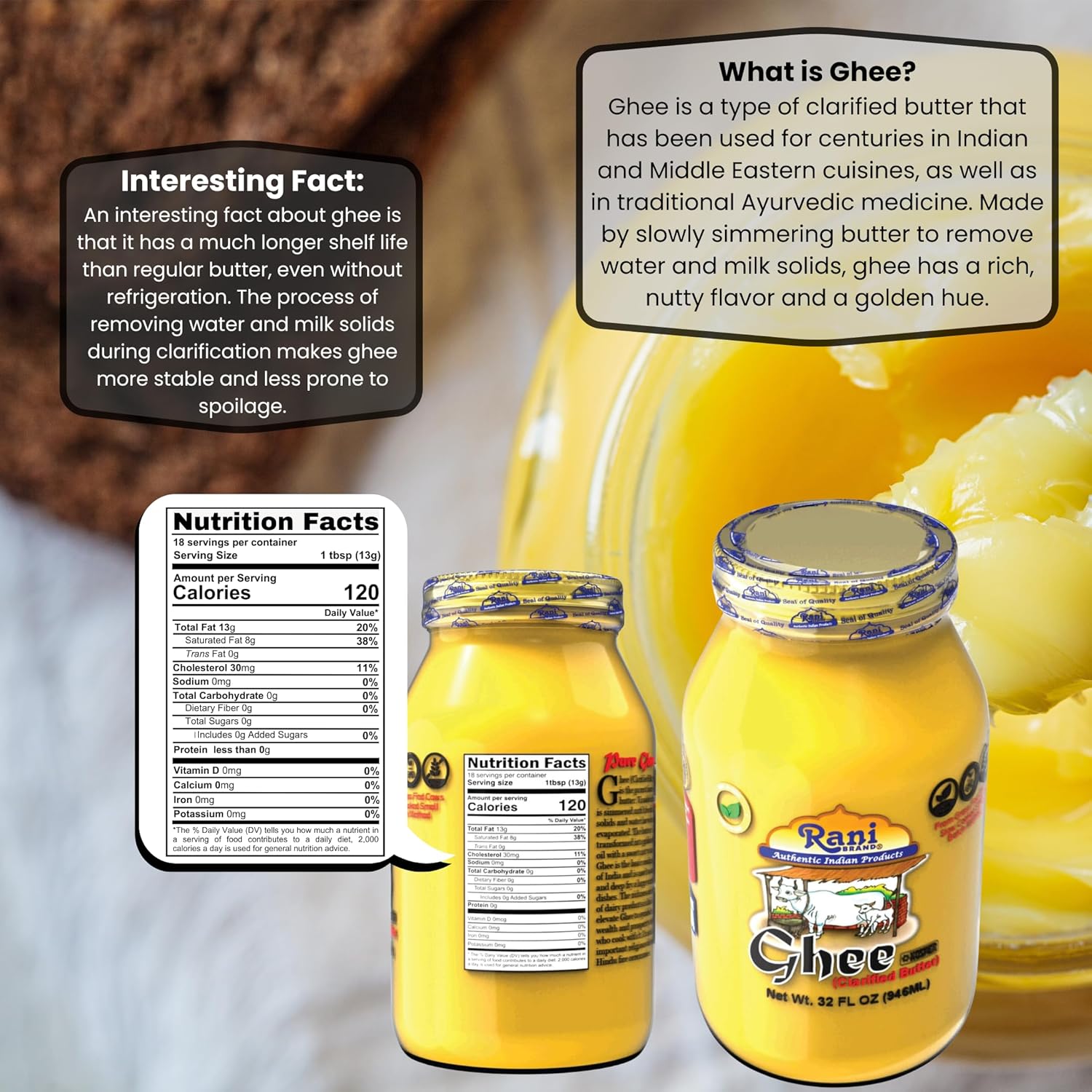 Rani Ghee Pure & Natural from Grass Fed Cows (Clarified Butter) 32oz(2lbs) 908g