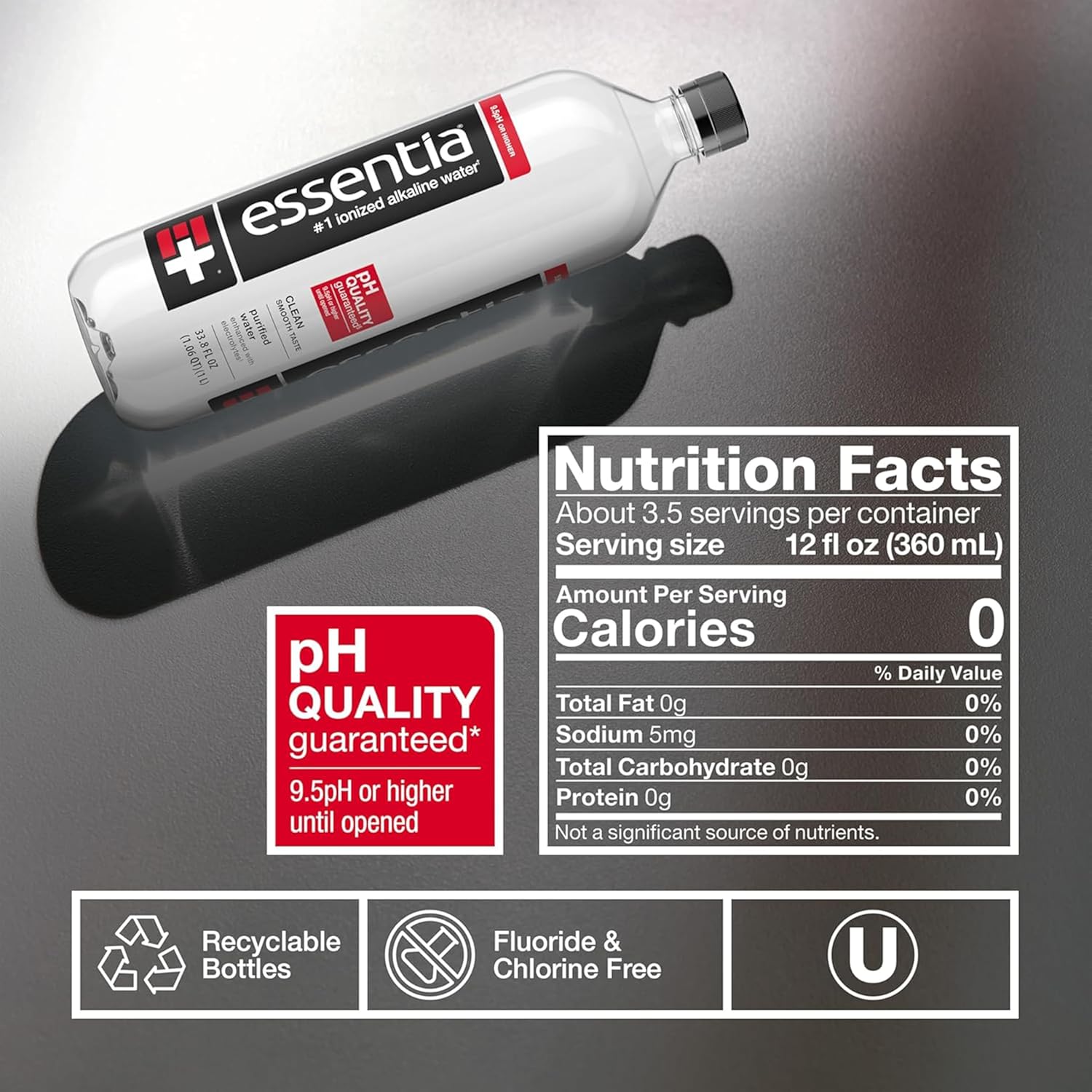 Essentia Water LLC Infused with Electrolytes for a Smooth Taste, pH 9.5 or Higher; Ionized Alkaline Water, Black, 42.3 Fl Oz (Pack of 12)