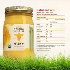 Spring Sunrise Organic Grass Fed Ghee Butter - USDA Certified Organic Clarified Butter - Sustainably Sourced (16oz Jar)