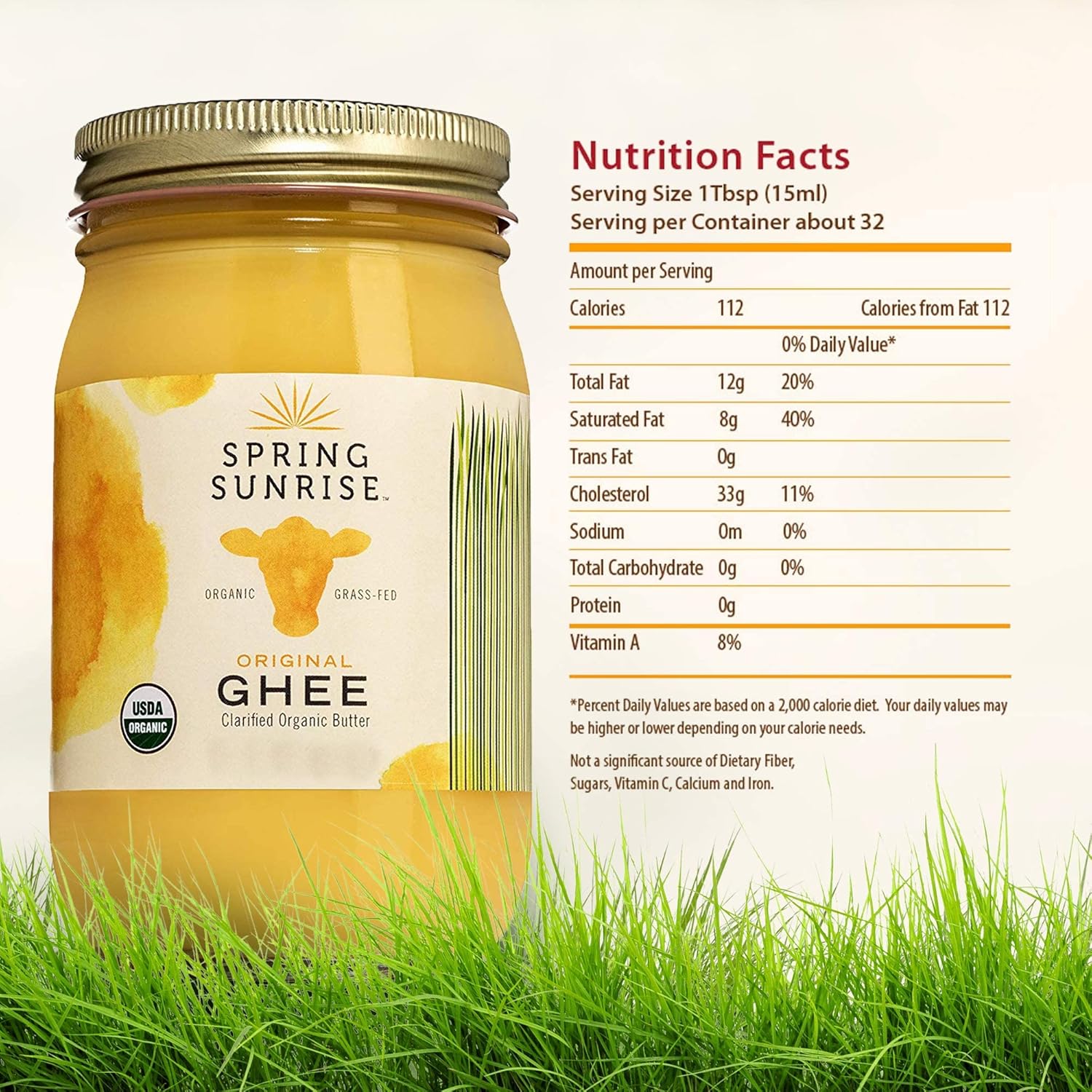 Spring Sunrise Organic Grass Fed Ghee Butter - USDA Certified Organic Clarified Butter - Sustainably Sourced (16oz Jar)