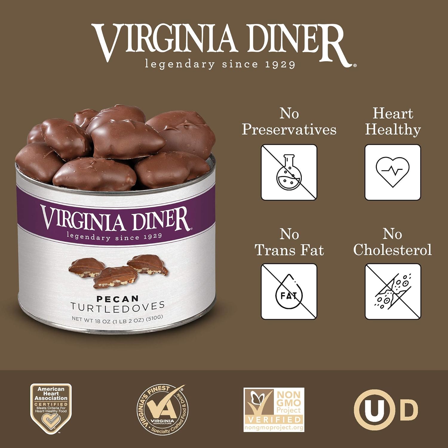 Virginia Diner Chocolate Pecan Turtledoves Candy Clusters with Caramel - 18 Oz Can