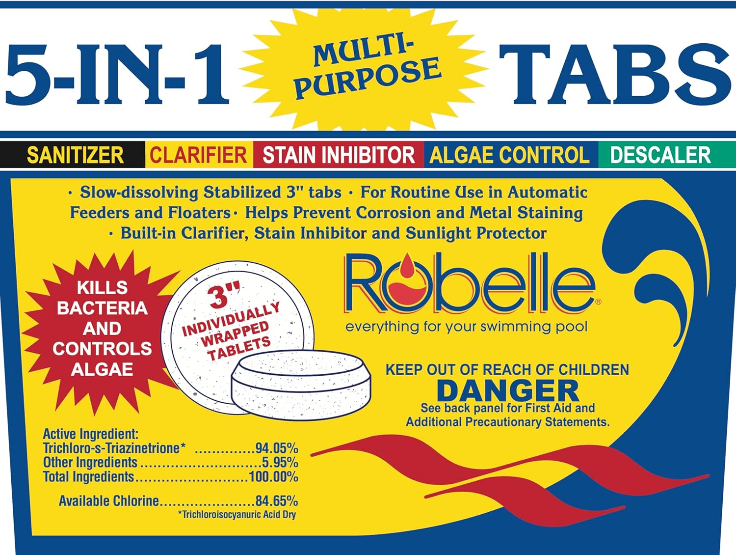 Robelle 20-Pounds Premium 5-In-1 Multi-Purpose Tabs, Chlorine Tablets 3 Inch, Made in USA