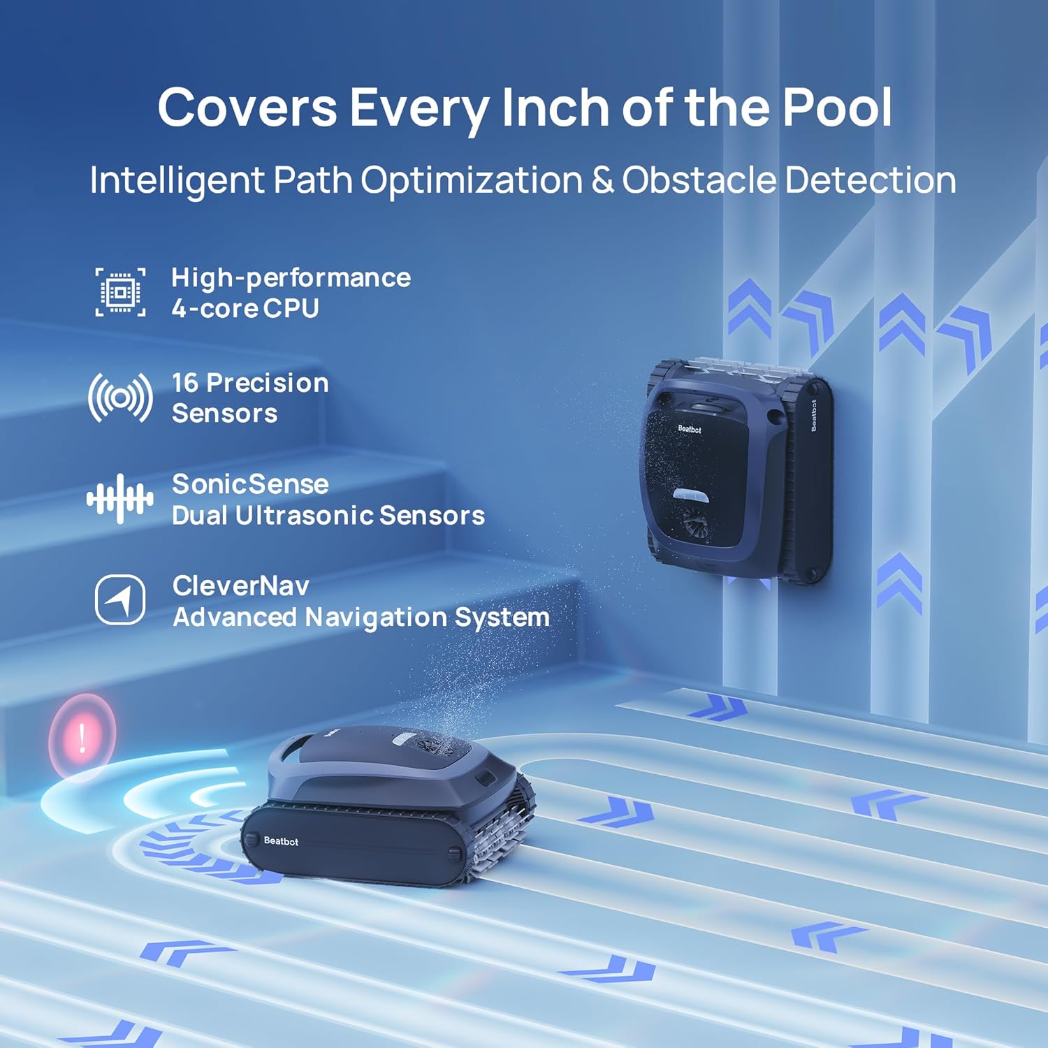 Beatbot AquaSense 2 Cordless Robotic Pool Vacuum Cleaner, Smart Surface Parking, Double-Pass Waterline Scrubbing - Blue