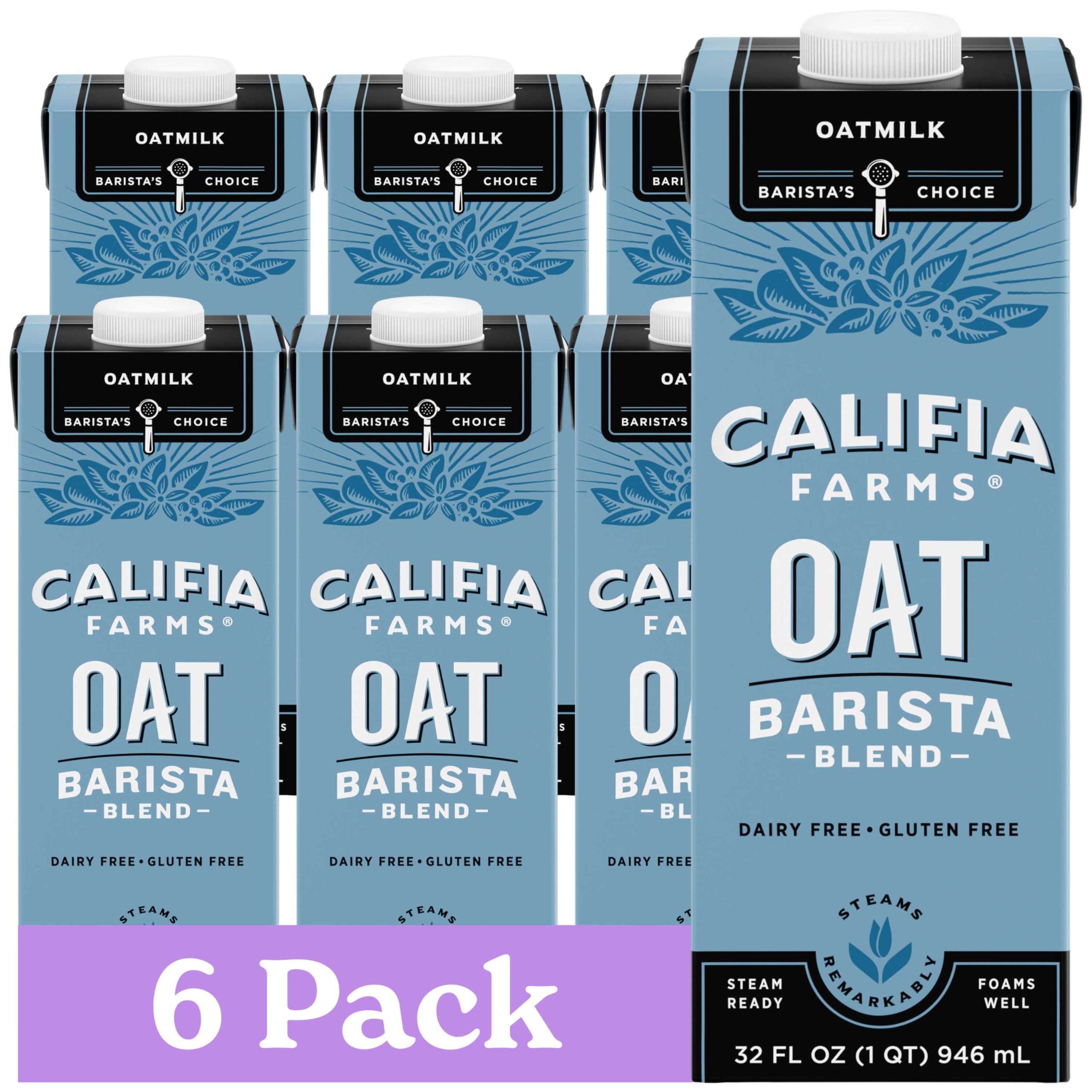 Califia Farms Oat Barista Blend Oat Milk, 32 Oz (Pack of 6), Shelf Stable, Non GMO, High Calcium, Milk Frother, Creamer, Oatmilk