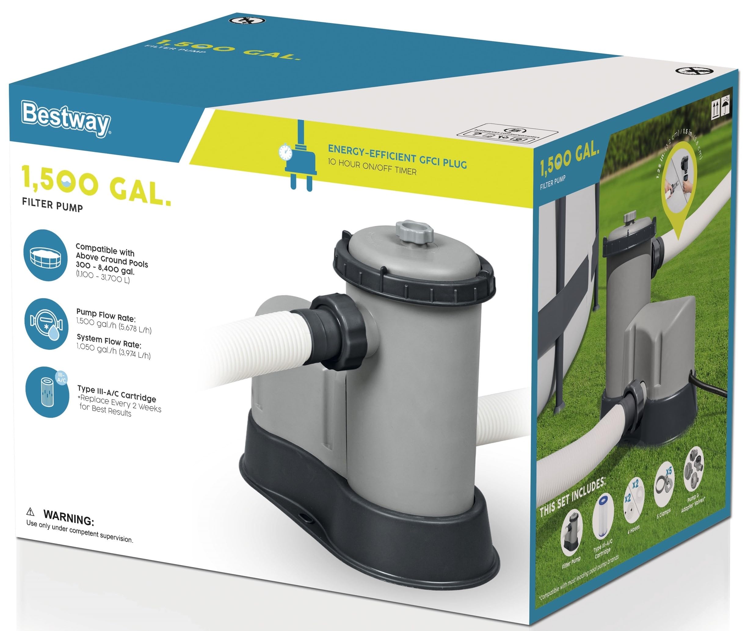 Bestway 58390E Flowclear 1500 GPH Filter Pump for 300 to 8,400 Gallon Above Ground Swimming Pool