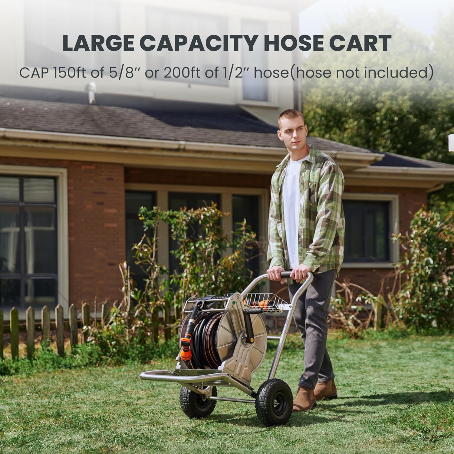 Giraffe Tools Garden Hose Reel Cart with Wheels, Stainless Steel Heavy Duty Water Hose Reel Cart, 200 ft of 1/2 Capacity