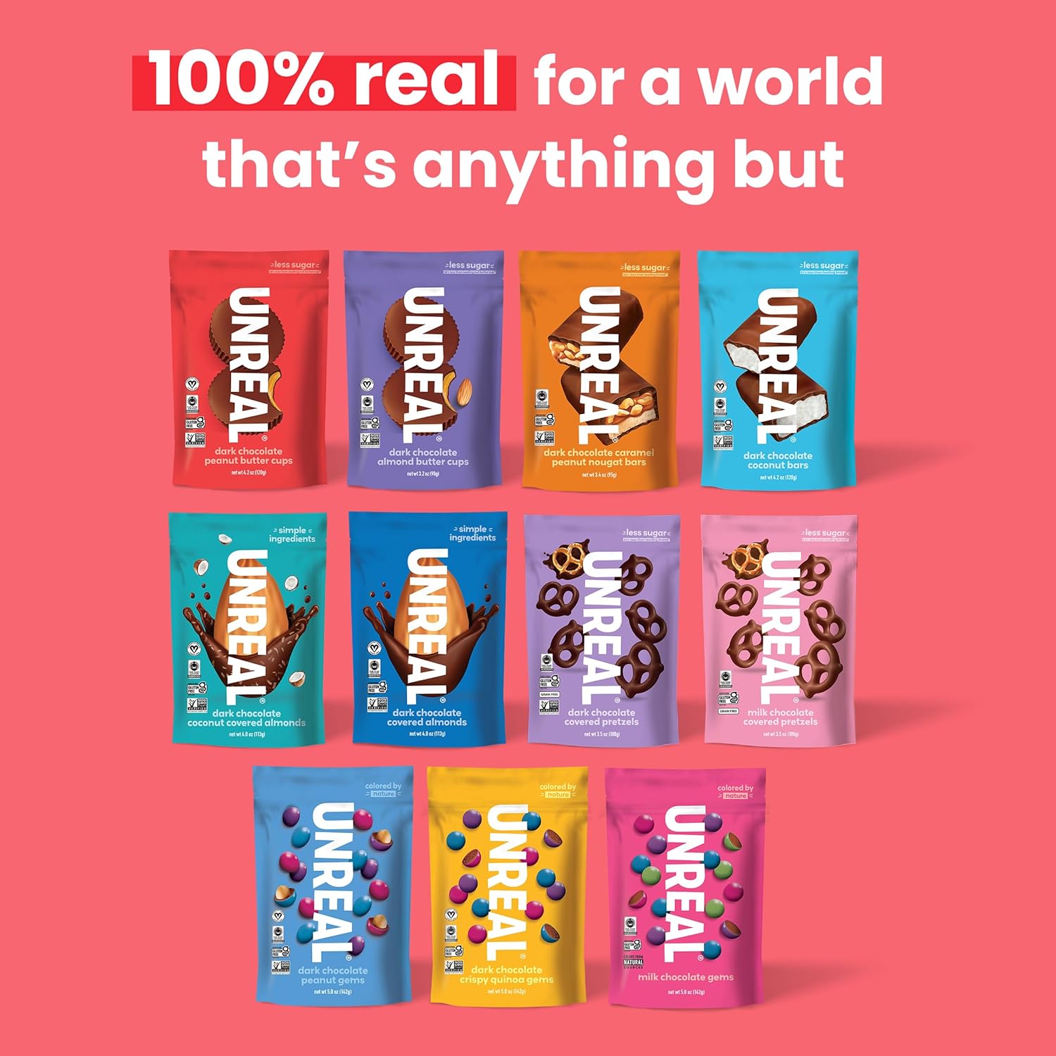 UNREAL Dark Chocolate Peanut Butter Cups (40 Individually Wrapped Cups), Vegan, 5g Sugar, Gluten Free, Fair Trade, Non-GMO, .53oz each