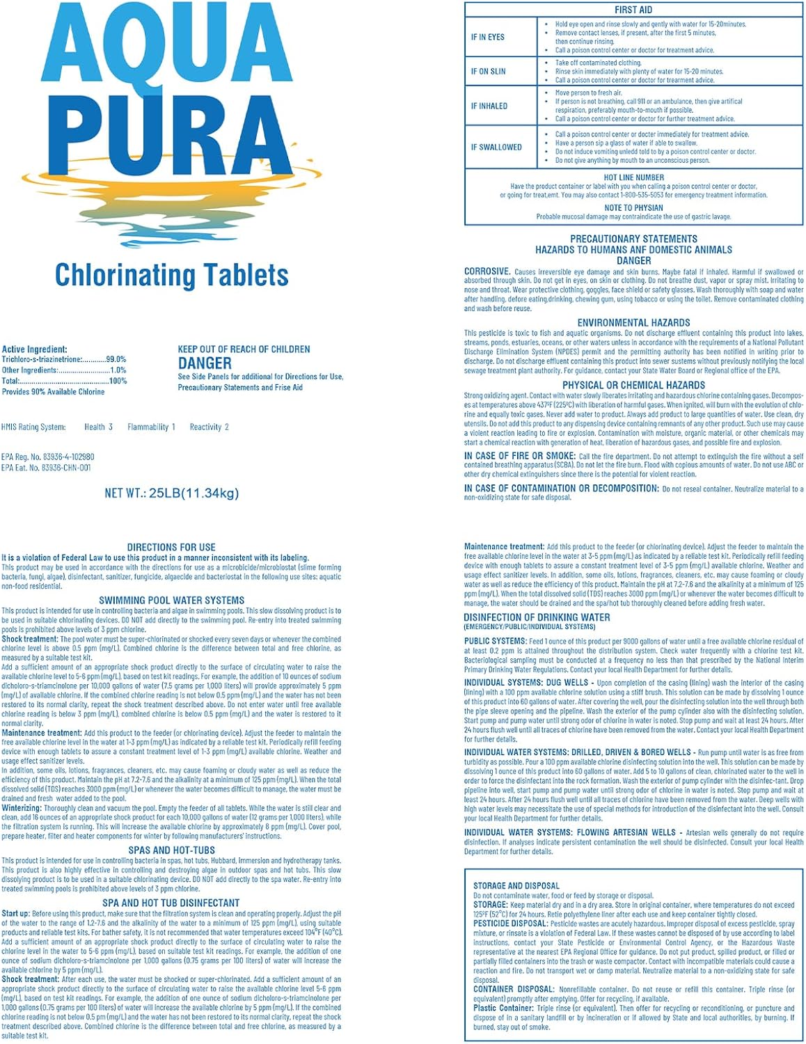 Aqua Pura Chlorine Tablets for Swimming Pool,3" Pool Supplies, Individually Wrapped Stabilized Chlorine Tablets, Long-Lasting, 25 LB