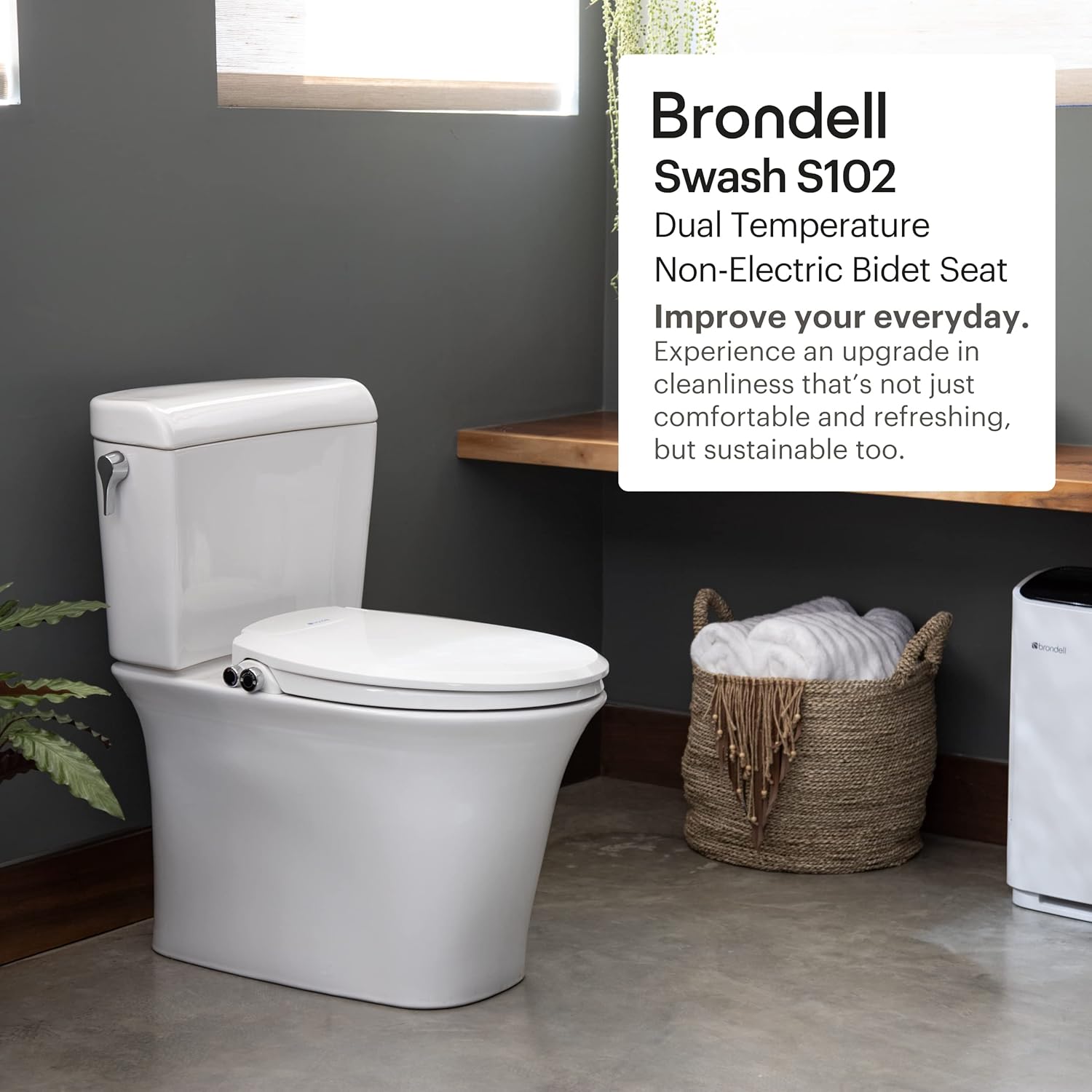 Brondell Bidet Toilet Seat, Non-Electric Swash Ecoseat, Fits Elongated Toilets, White - Dual Temperature, Dual Nozzle System