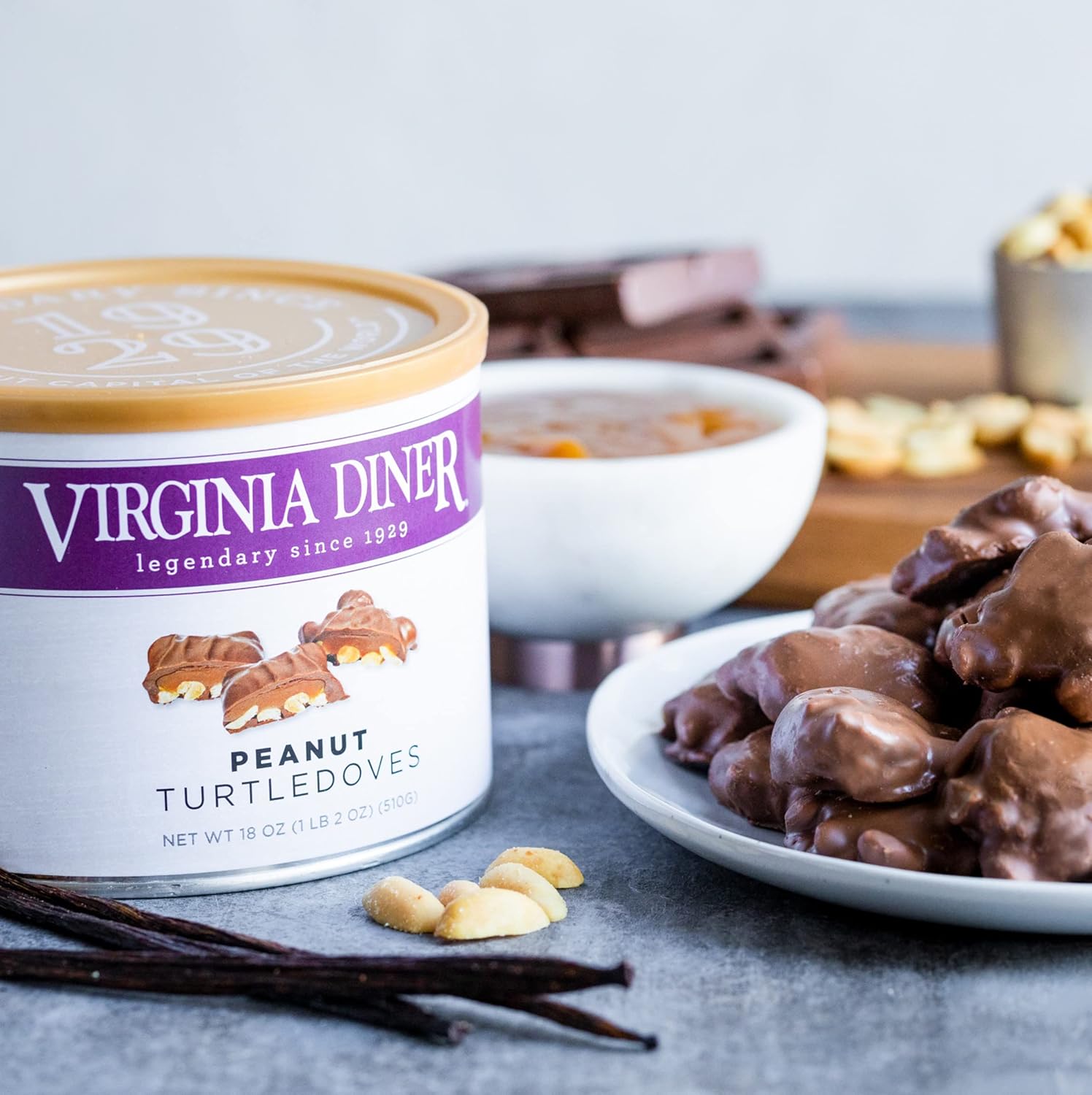 Virginia Diner Chocolate Pecan Turtledoves Candy Clusters with Caramel - 18 Oz Can