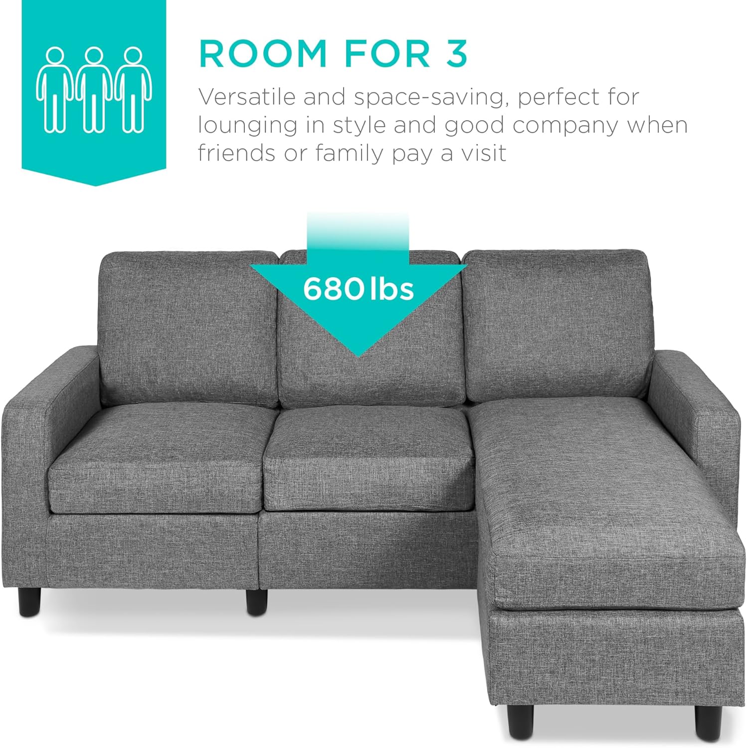 Best Choice Products Upholstered Sectional Sofa for Home, Apartment, 3-Seat, L-Shape Design, 680lb Capacity - Gray