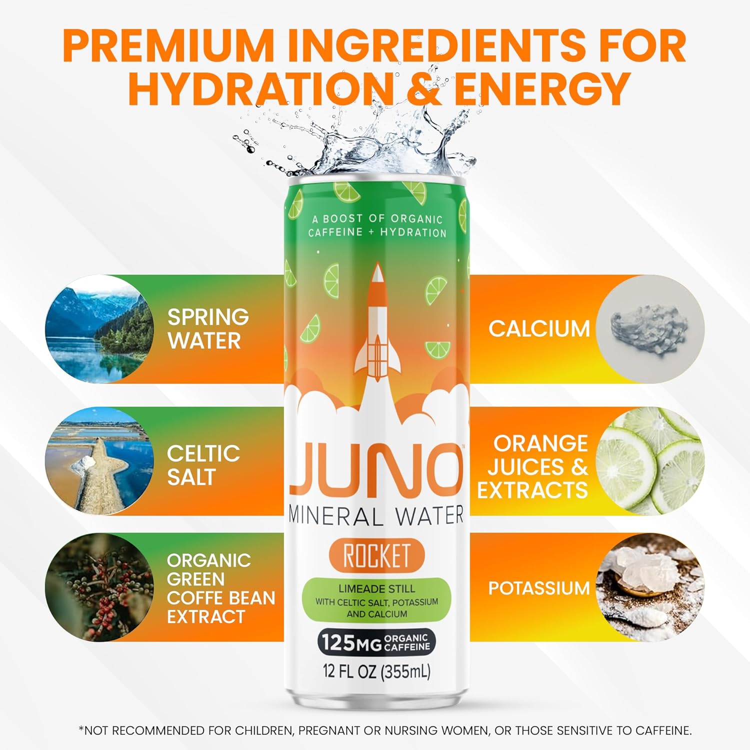 JUNO Rocket Limeade Still Energy Drink - 125mg Organic Caffeine from Green Coffee Beans, 12 Pack Refreshing Beverage