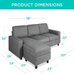 Best Choice Products Upholstered Sectional Sofa for Home, Apartment, 3-Seat, L-Shape Design, 680lb Capacity - Gray