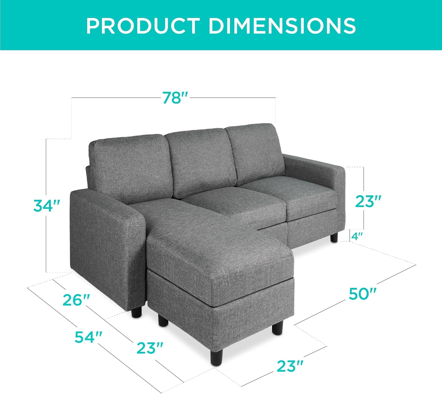 Best Choice Products Upholstered Sectional Sofa for Home, Apartment, 3-Seat, L-Shape Design, 680lb Capacity - Gray
