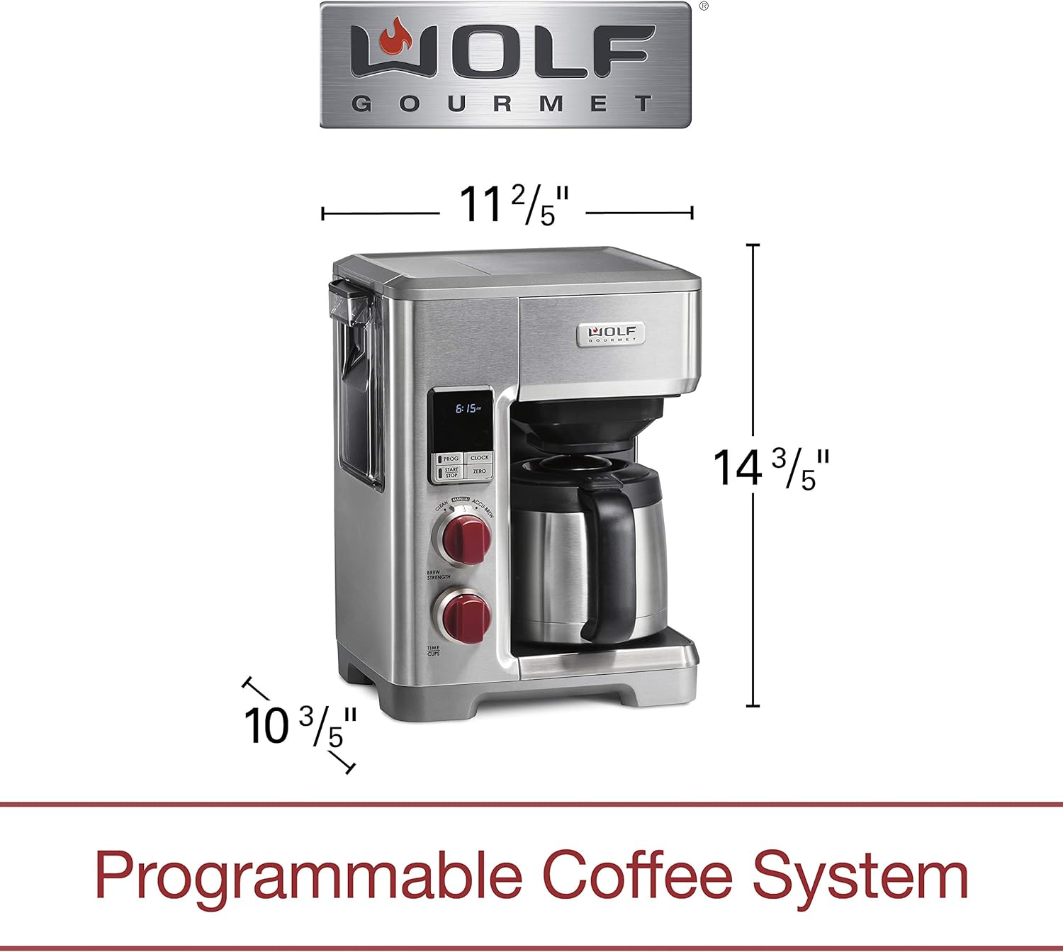 WOLF GOURMET Programmable Coffee Maker System with 10 Cup Thermal Carafe, Built-In Grounds Scale, Stainless Steel (WGCM100S)