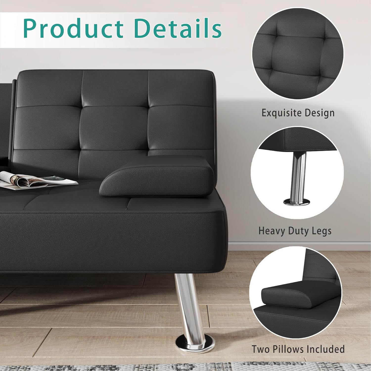 Flamaker Futon Sofa Bed Modern Folding Futon Set Convertible Recliner Lounge (PU Leather, Black)