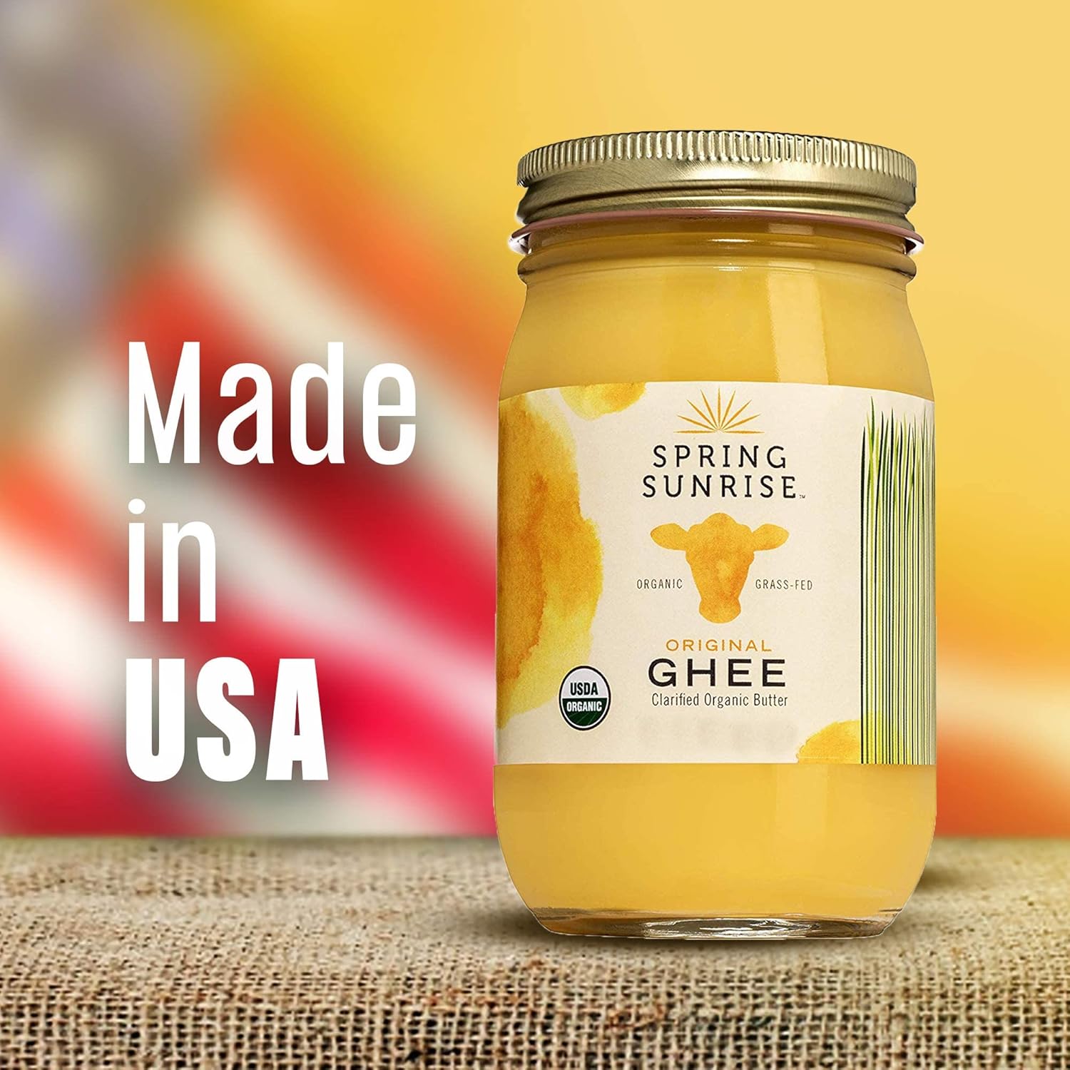 Spring Sunrise Organic Grass Fed Ghee Butter - USDA Certified Organic Clarified Butter - Sustainably Sourced (16oz Jar)