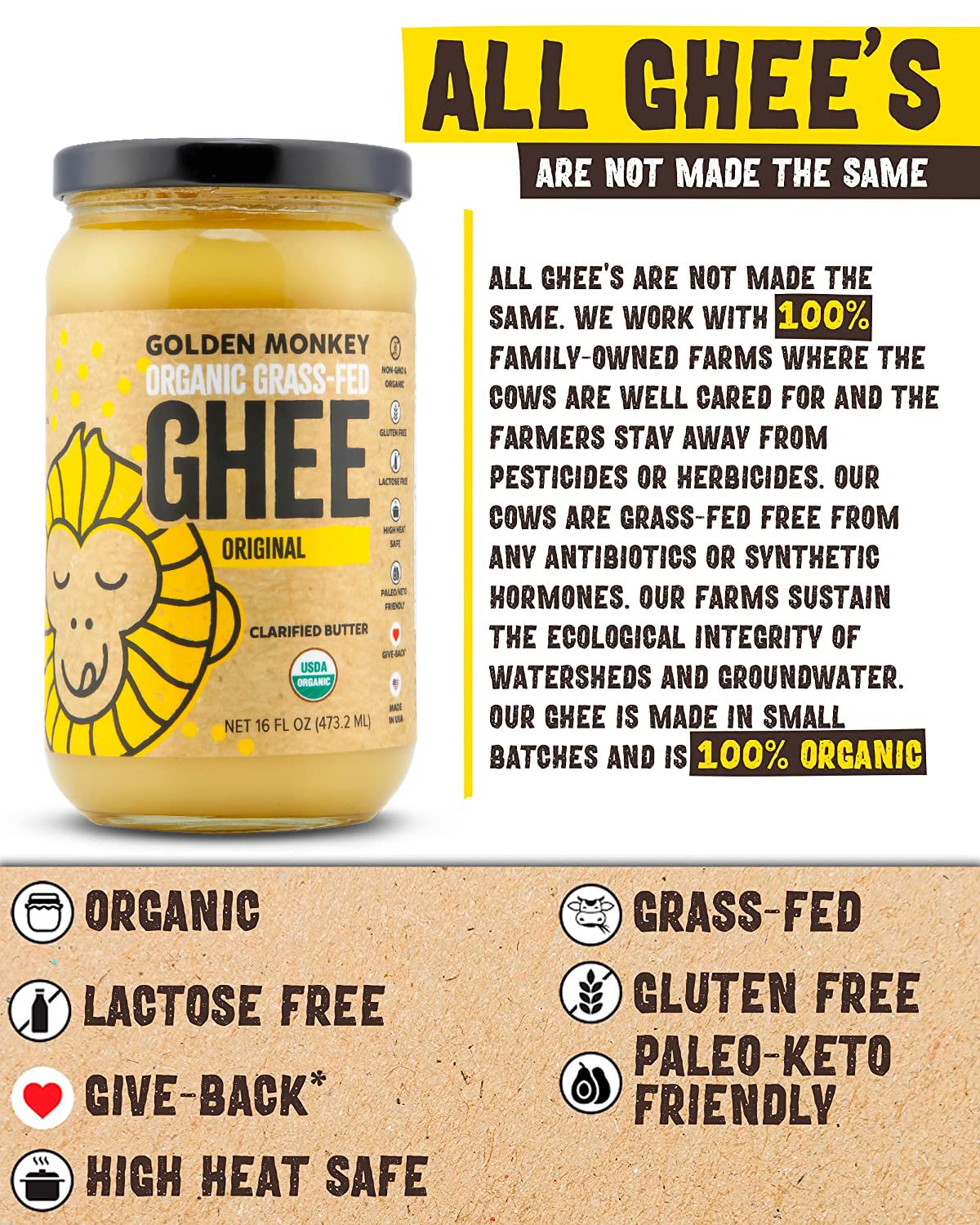 Organic Ghee Butter Grass Fed Clarified – 16 Oz Ghee Butter – Unsalted Butter Certified Organic Ghee Oil