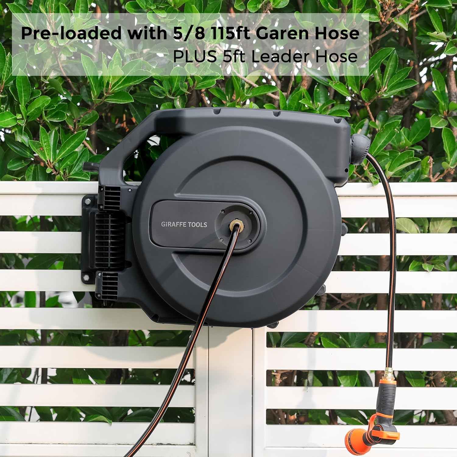 Giraffe Tools AW505/8 Retractable Garden Hose Reel 5/8" x 115+5 ft, Slow Retraction, Dark Grey
