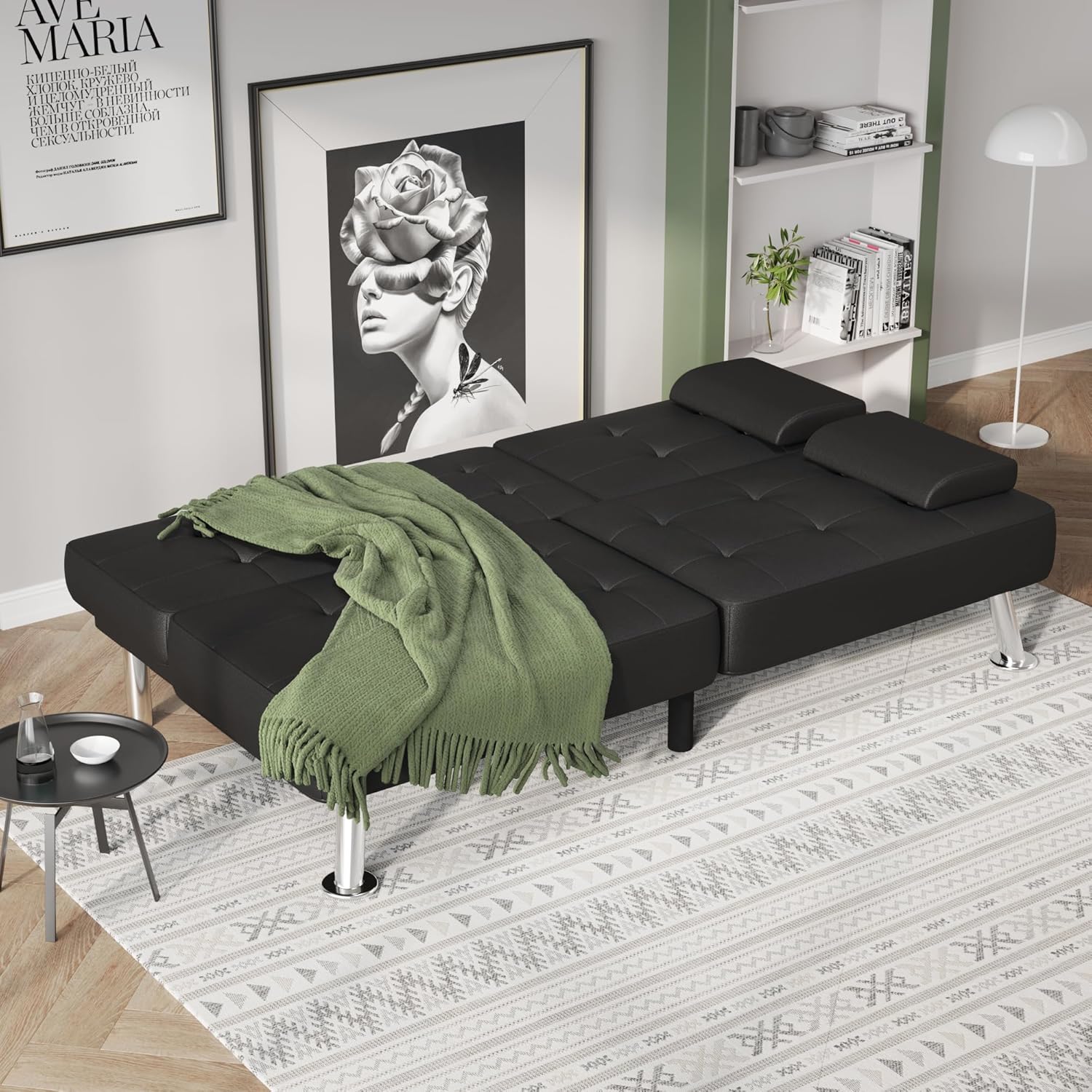 Flamaker Futon Sofa Bed Modern Folding Futon Set Convertible Recliner Lounge (PU Leather, Black)