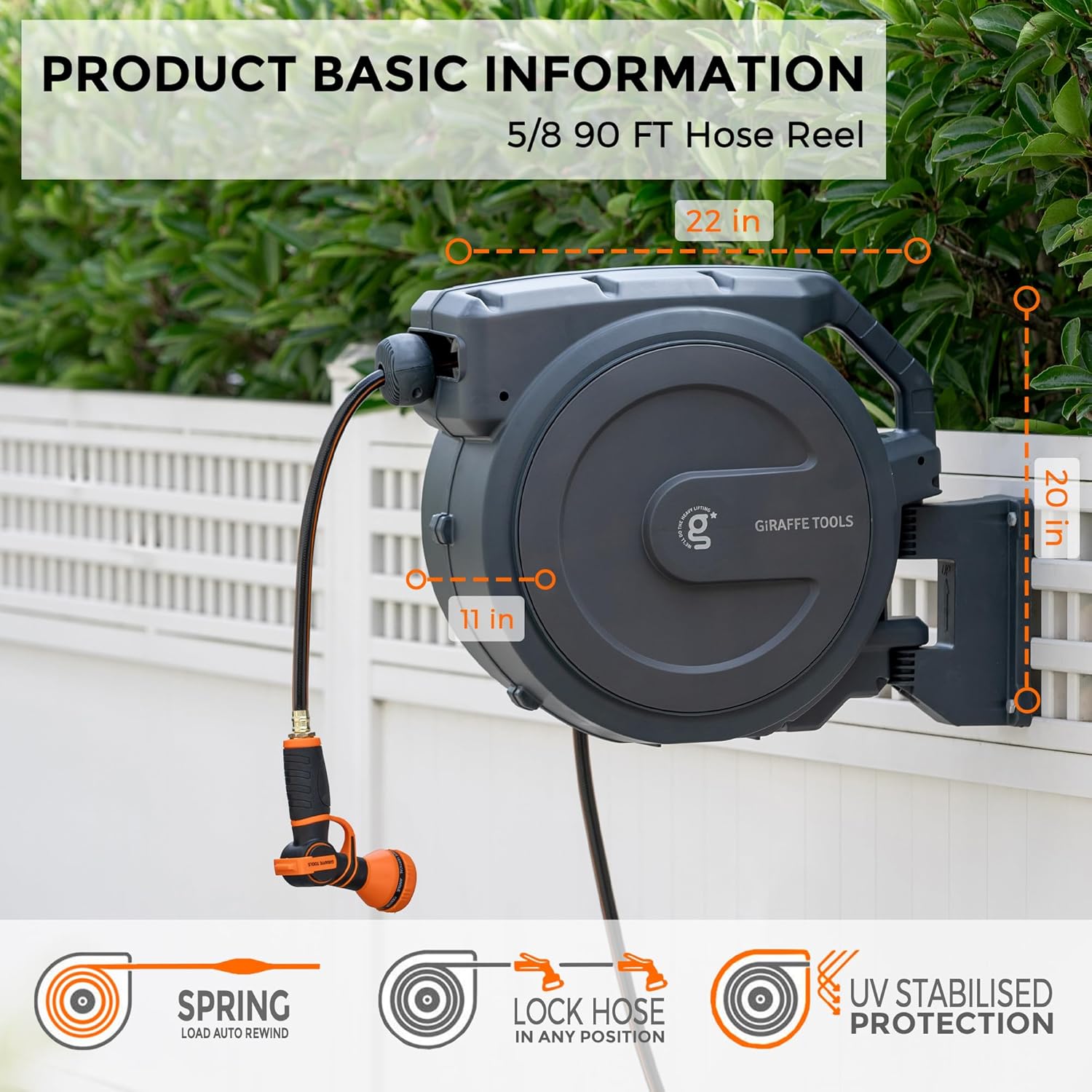Giraffe Tools AW40 Retractable Hose Reel 5/8" x 90 ft Wall Mounted Garden Hose Reel Heavy Duty, Automatic Rewind, 90 ft, Dark Grey