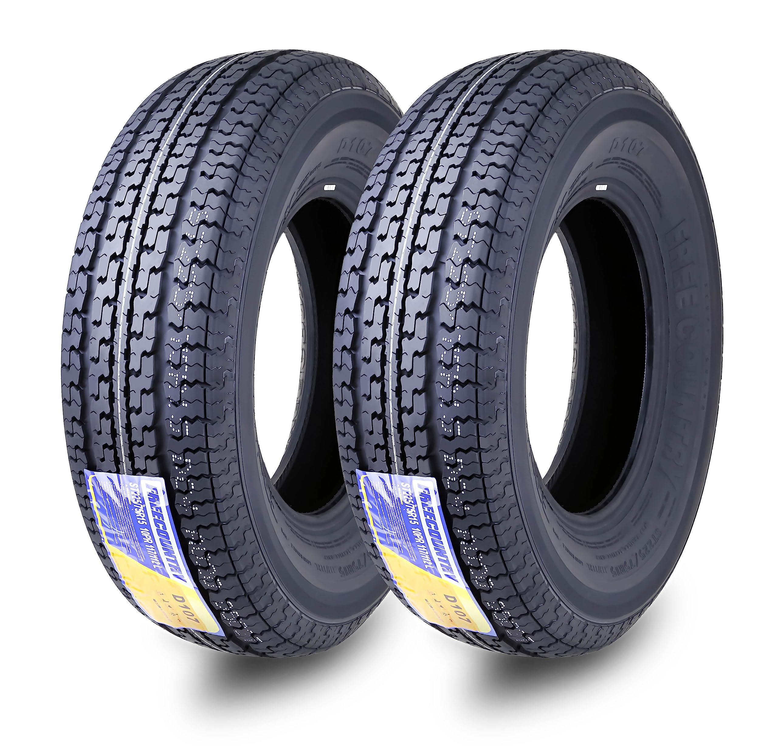 Free Country Set 2 Premium Radial Trailer Tires ST 225/75R15 10PR Load Range E w/featured Scuff Guard 8mm Tread Depth