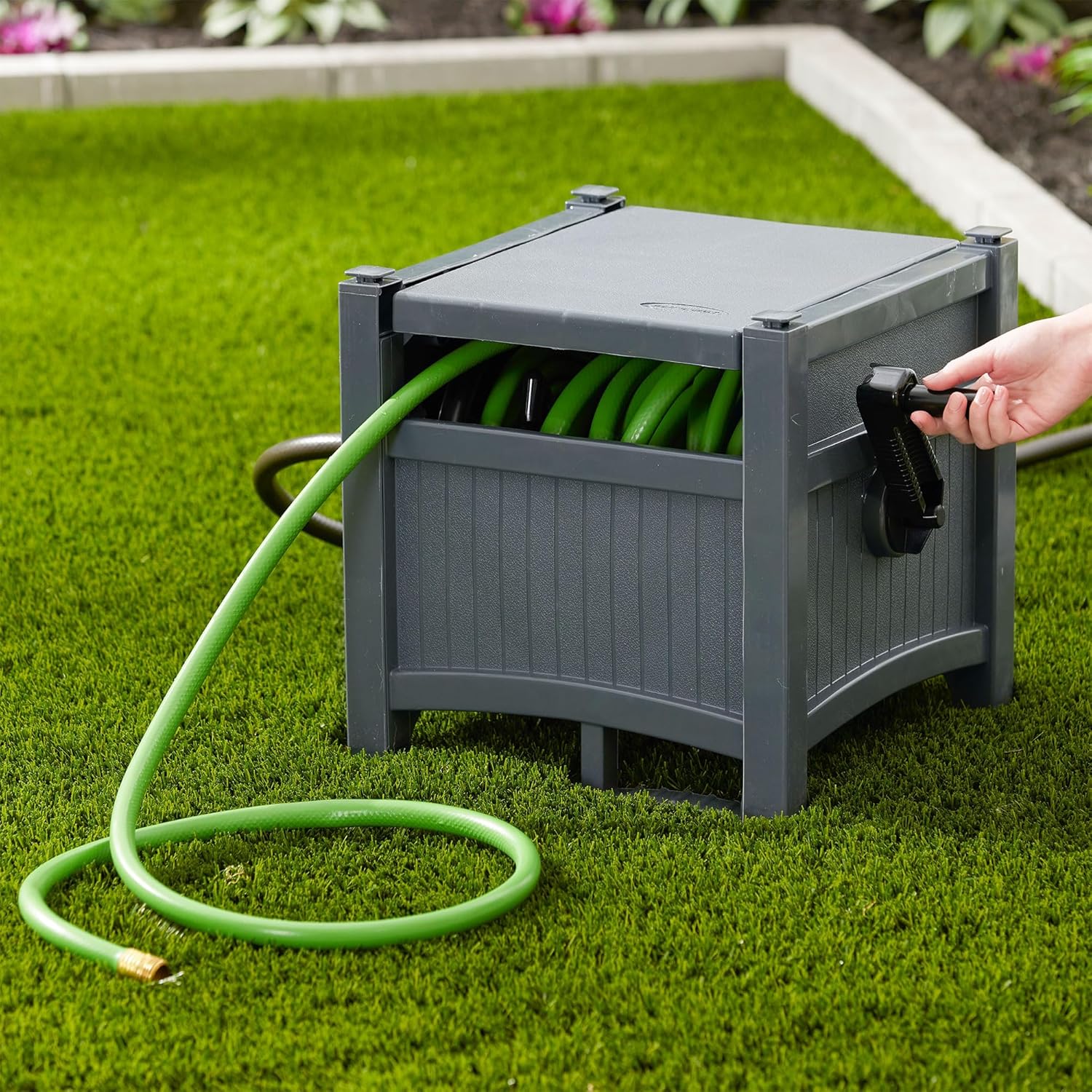 Suncast Hideaway Garden Hose Reel, Holds 100' of 5/8" Standard Vinyl Hose, Cyberspace Grey
