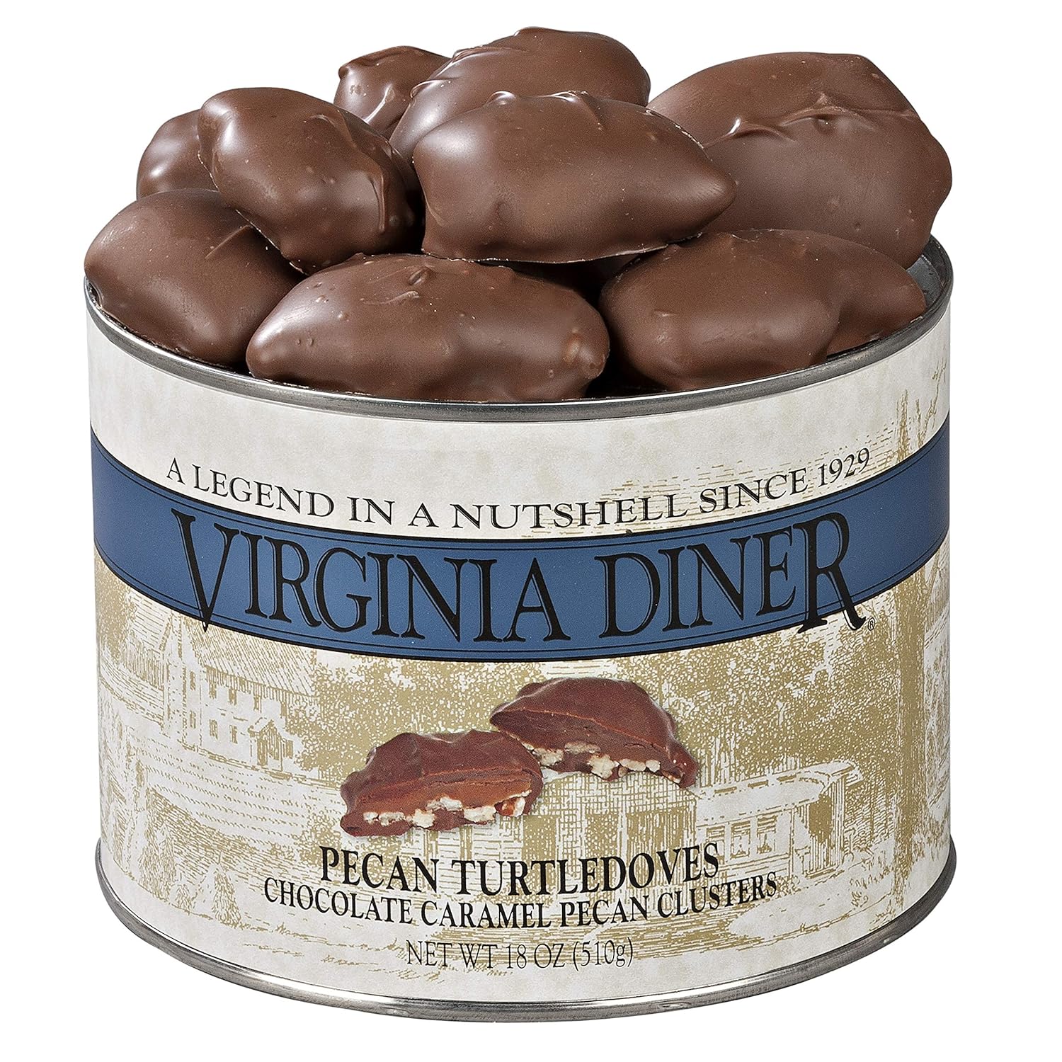 Virginia Diner Chocolate Pecan Turtledoves Candy Clusters with Caramel - 18 Oz Can